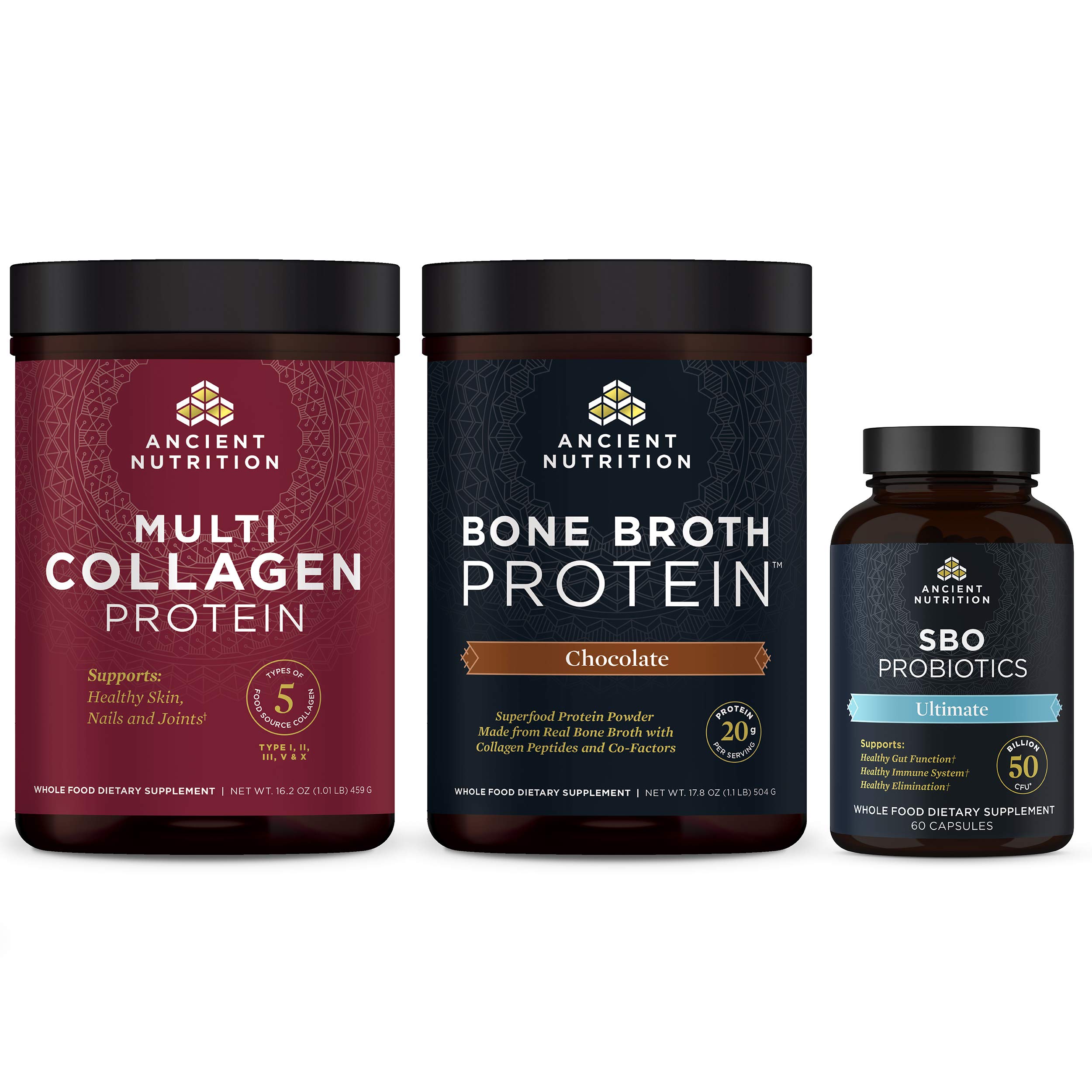 Ancient Nutrition Essentials Bundle, 3 Items - Multi Collagen Protein 16.2oz + Bone Broth Protein, C
