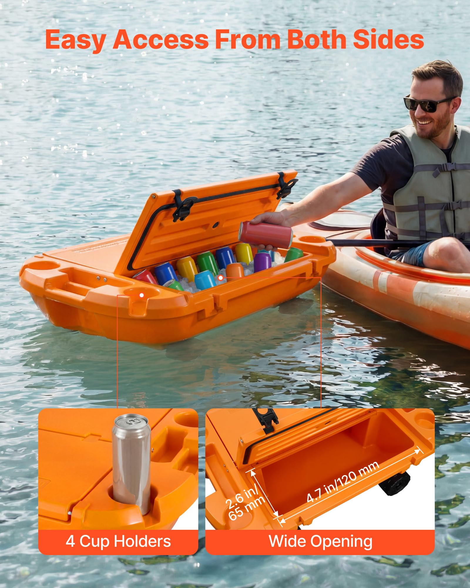 VEVOR Amphibischer Schwimmender Kühler, 37,9 L Schwimmender Getränkekühler mit Trockenfach Rädern Zugseil für Wasser & Land, Kippstablier Kühlbehälter aus LLDPE für Pool Fluss Seen Strand Meer, Orange