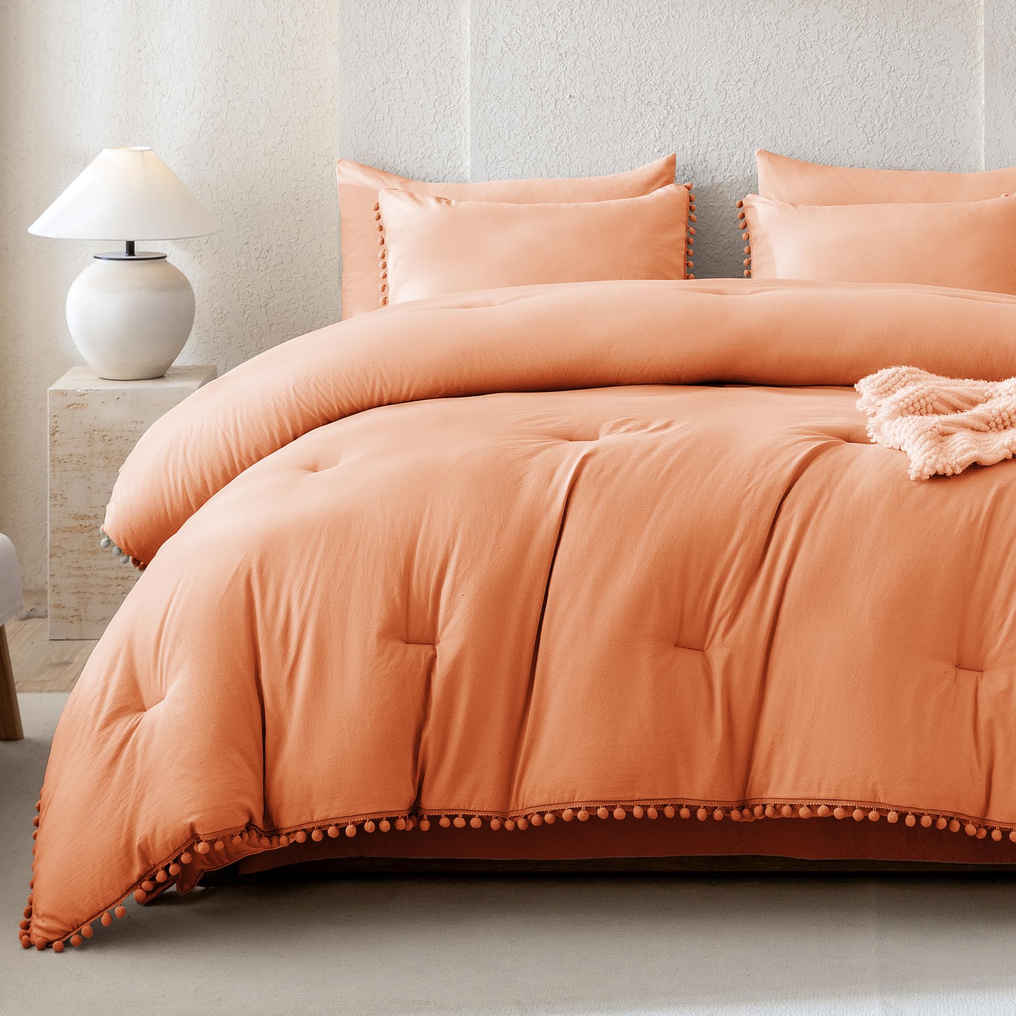 Litanika Comforter Full Size Set Coral,3 Pieces Coral Boho Pom Pom Lightweight Bed Comforter Full,All Season Soft Solid Color Bedding Comforter Sets (1 Comforter 79x90 Inch, 2 Pillowcases)