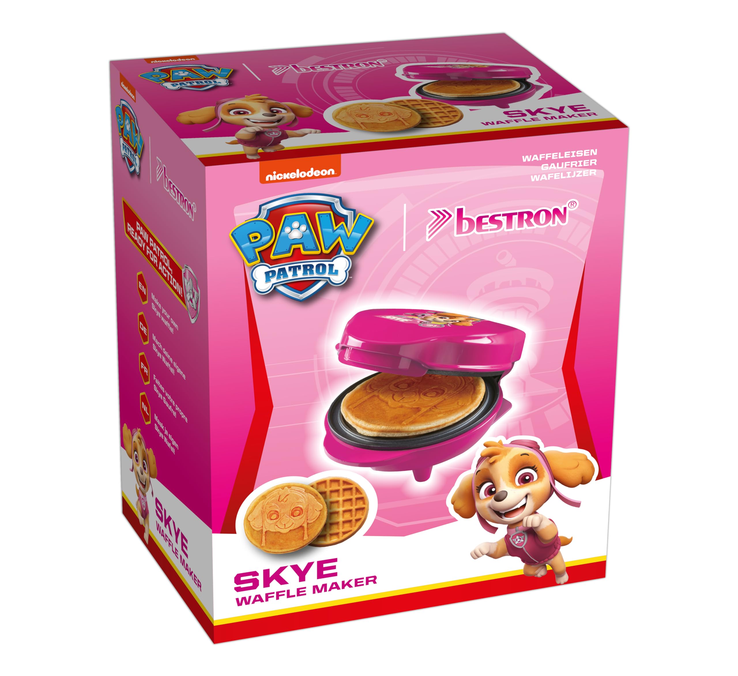 Gofrera de Paw Patrol Mini Gofrera con placa especial "Skye", tamaño gofre: Ø 10 cm, tamaño ideal para niños, para cumpleaños o como regalo, producto oficial de color rosa