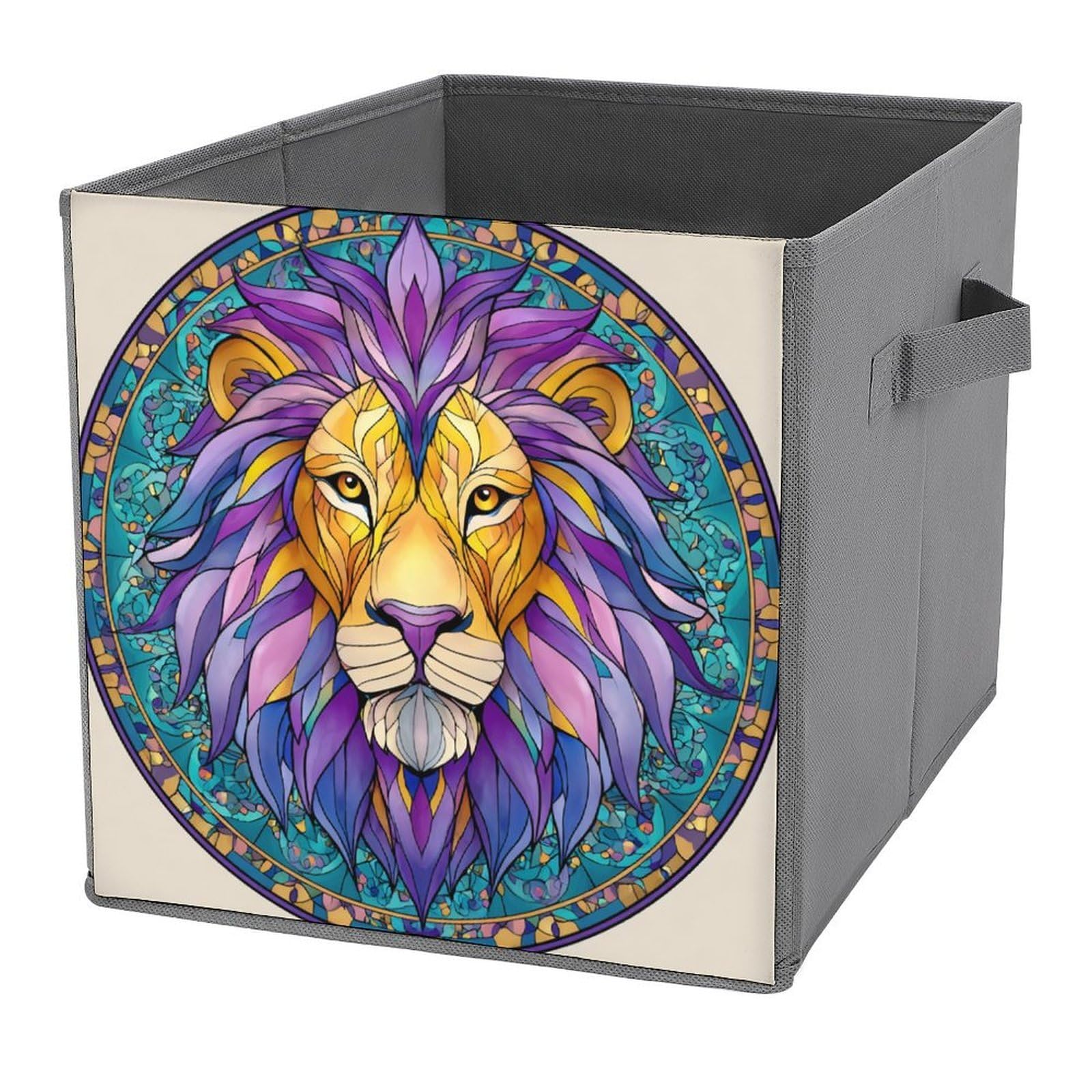 Jubonexis Mandala Style Lion Face Cube Storage Bins Storage Cubes Foldable Decorative Fabric Storage Baskets Home Organizers with Handles for Shelves,Closet, 27x27 CM