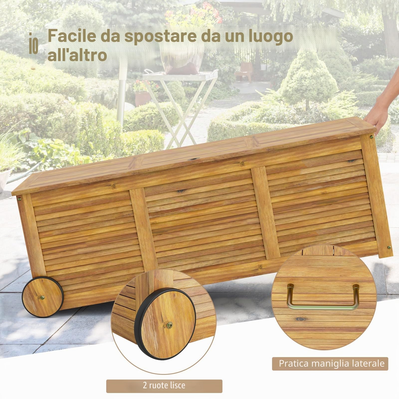 HOMASIS Cassapanca Da Giardino 182L Con Ruote In Legno Di Acacia, Scatola Per Cuscini Con Tasca Interna Impermeabile, Scatola Per Giardino Con Maniglia, Cassapanca Resistente
