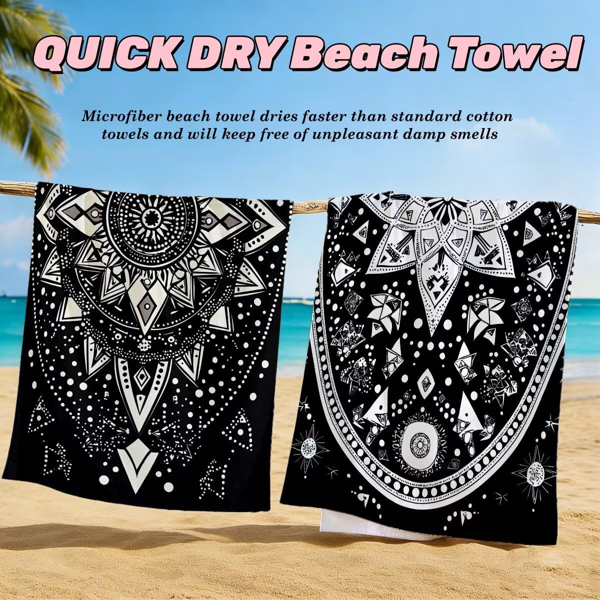 Juego de 2 Toalla Playa Grande 80x160 cm, Secado Rapido Toalla Microfibra Gimnasio, Antiarena Toallas de Playa Negro, Grande Ligera Compacta Toallas Microfibra Mujer Hombre para Viaje Piscina -4774