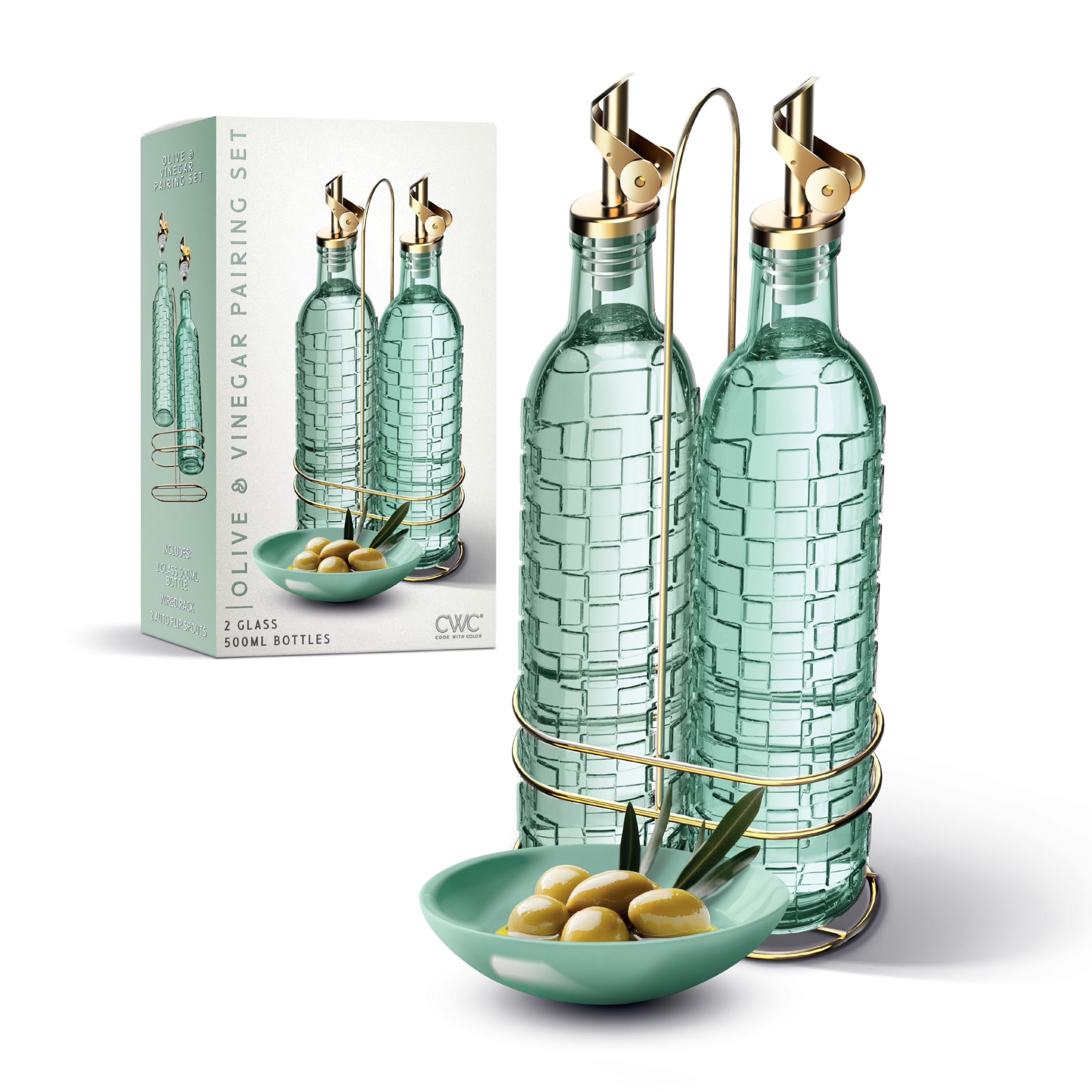 Photo 1 of **UNTESTED**
COOK WITH COLOR Glass Olive Oil Bottle Dispenser - 2 Pack- 17oz Oil and Vinegar Cruet - Olive Oil Carafe Decanter for Kitchen, Checkered, Green