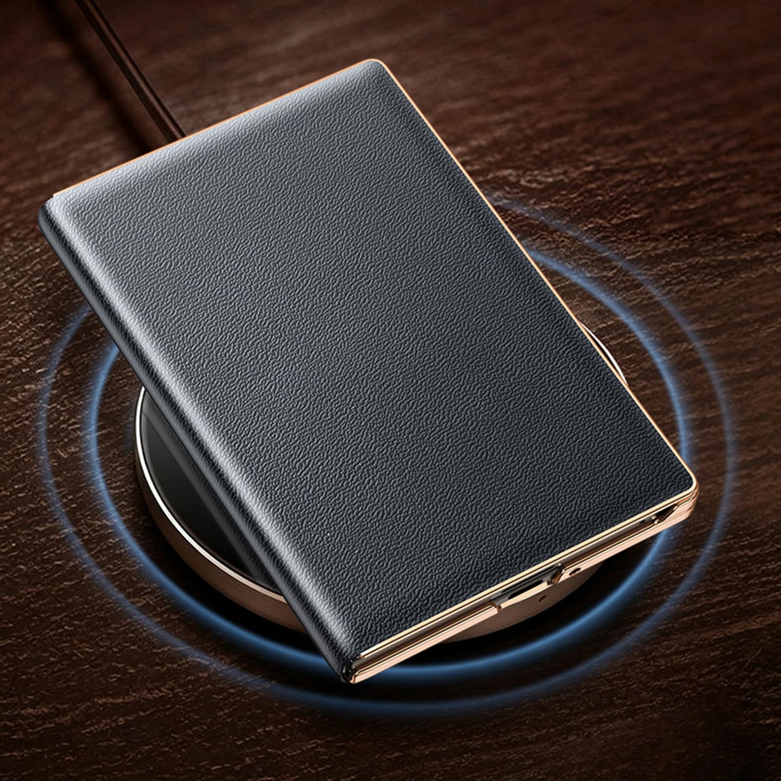 Etui z klapką do Samsung Galaxy Z Fold 8, ręcznie wykonane z prawdziwej skóry ocynkowanej ze złotym brzegiem, styl biznesowy, zamknięcie na magnes, ochrona przed upadkiem, kolor czarny
