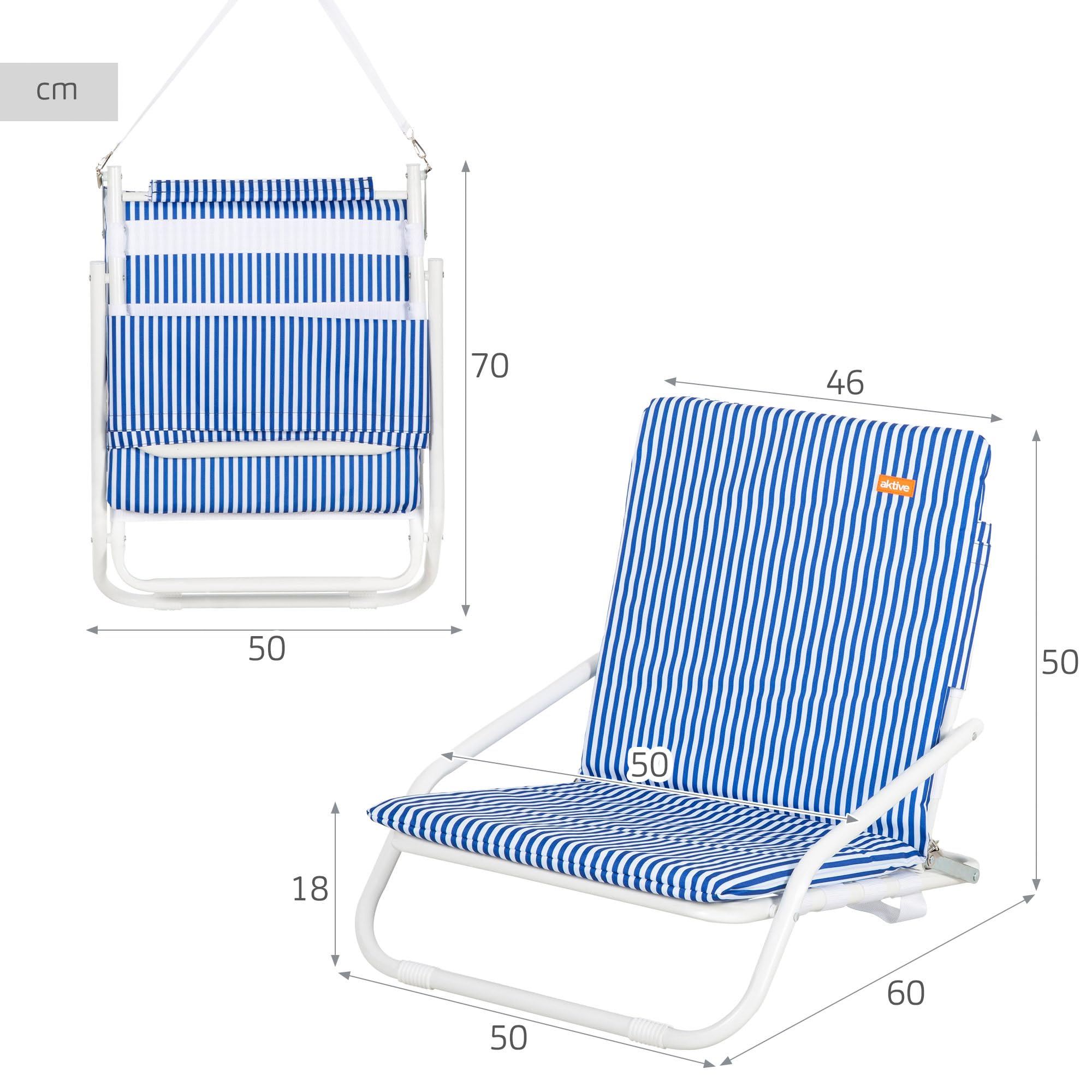 AKTIVE Silla de Playa Plegable Ligera Azul con asa de Transporte, 46x60x50 cm, Estructura de Aluminio, Tejido poliéster Transpirable, Silla Baja Camping jardín, hasta 110 kg (62534)