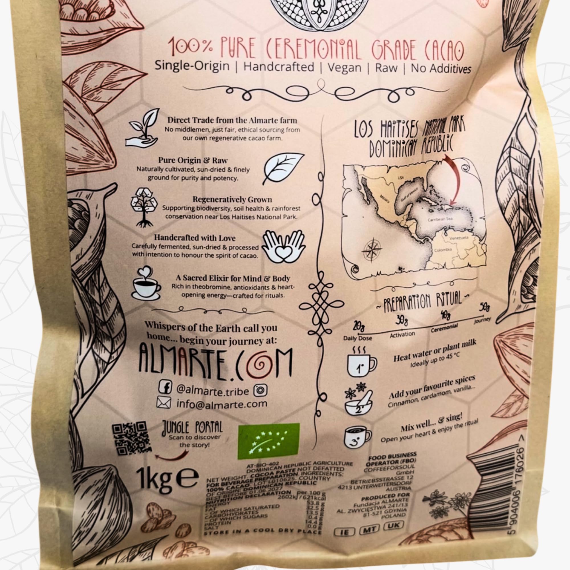 ALMARTE Cacao de cérémonie 250 g | 100 % brut et pur République dominicaine | Médecine ouvrante du cœur | Single Origin Bio | Ferme régénérative | Énergie théobromine | Substitut de café