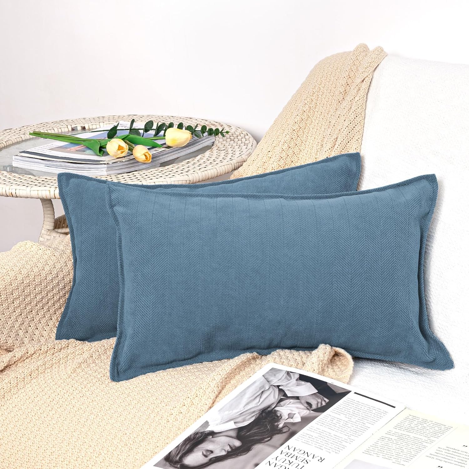 Snycler Navy Blue Pillow Covers 12x20 inch Set of 2 Chenille Pillow Covers with