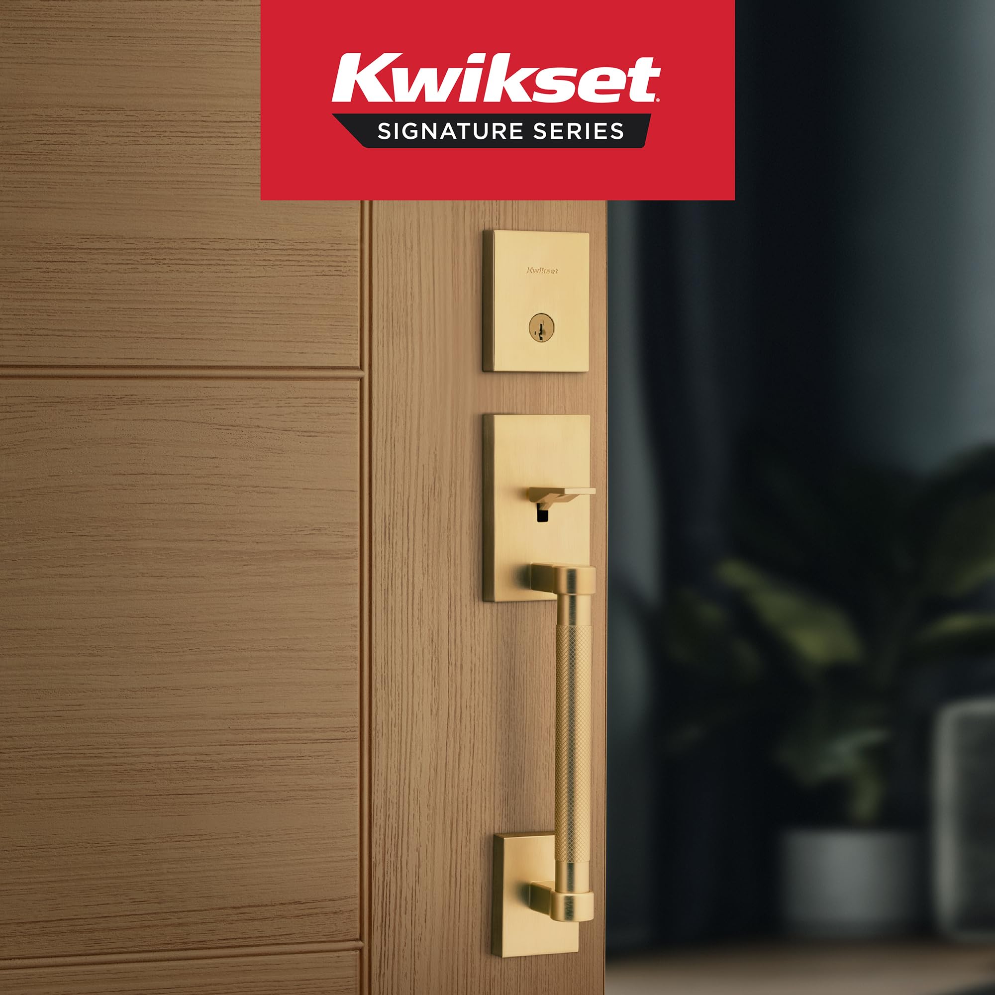 Kwikset Prava Zestaw klamek do drzwi przednich i zasuwu, klamka wejściowa na zewnątrz z wewnętrzną dźwignią odwracalną, satynowy mosiądz, odporny na wyrywanie SmartKey Rekey Deadbolt Security, z