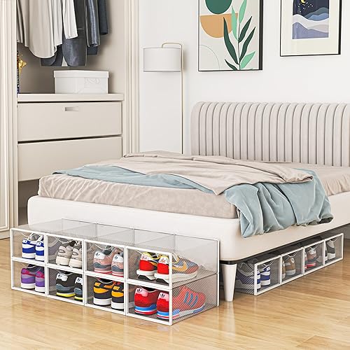 Miniatura 8 de Paquete de 12 cubos de almacenamiento de zapatos, organizador de zapatos apilable de plástico transparente para armario, zapatero plegable que