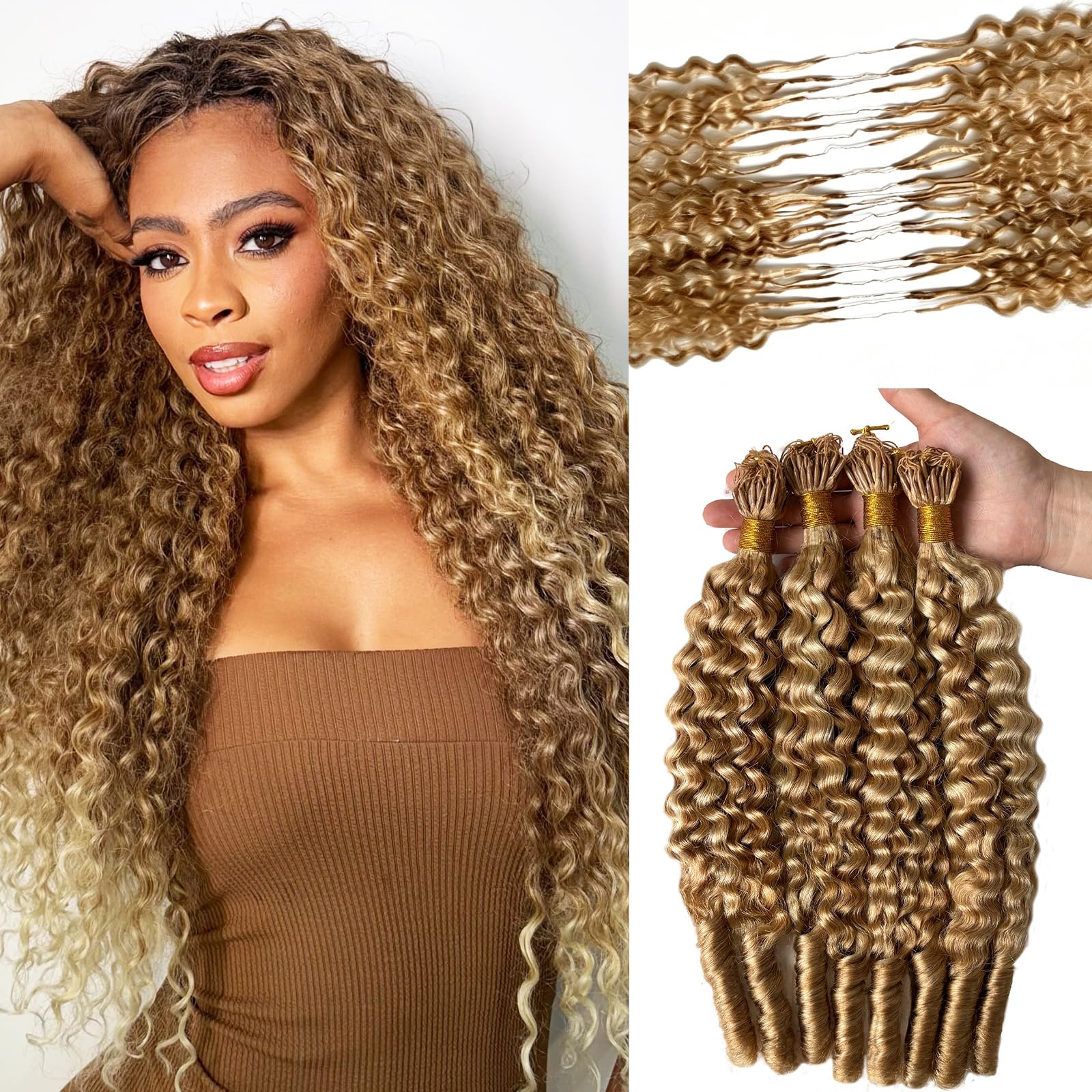 Photo 1 of Miracle Knots Feather Crochet Human Hair for Women Ombre Blonde Knotless Pre Looped Burmese Curly Feather Human Crochet Hair 100g,Time-Saving,Curly Wavy Invisible Crochet Hair with Spiral End 18"