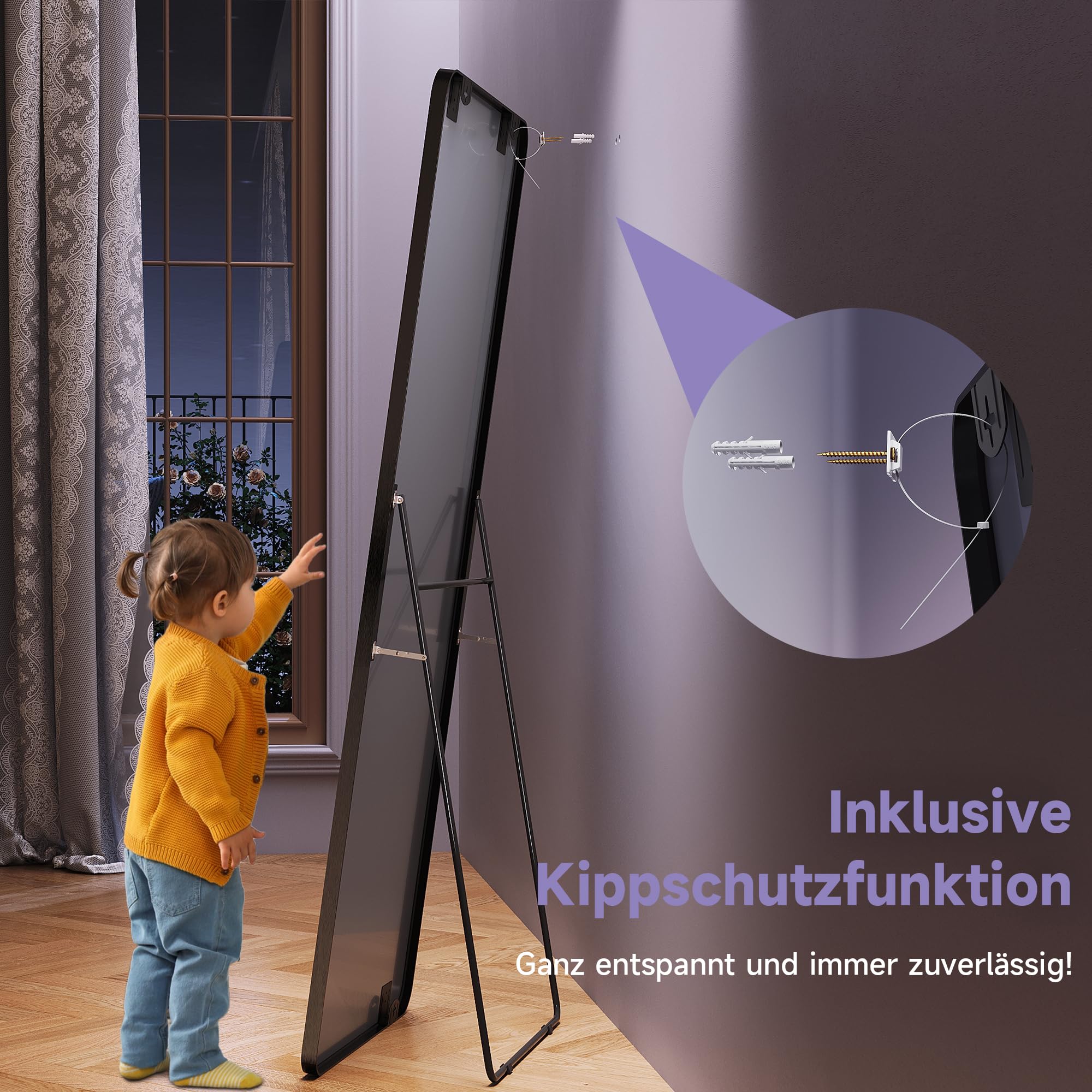 SONNI Ganzkörperspiegel 160 x60 cm mit Aluminium Rahmen - Schwarz, HD Spiegelglas, Wandmontage/Standfuß (kippsicher), Rechteckig Standspiegel für Schlafzimmer, Flur, Eingangsbereich