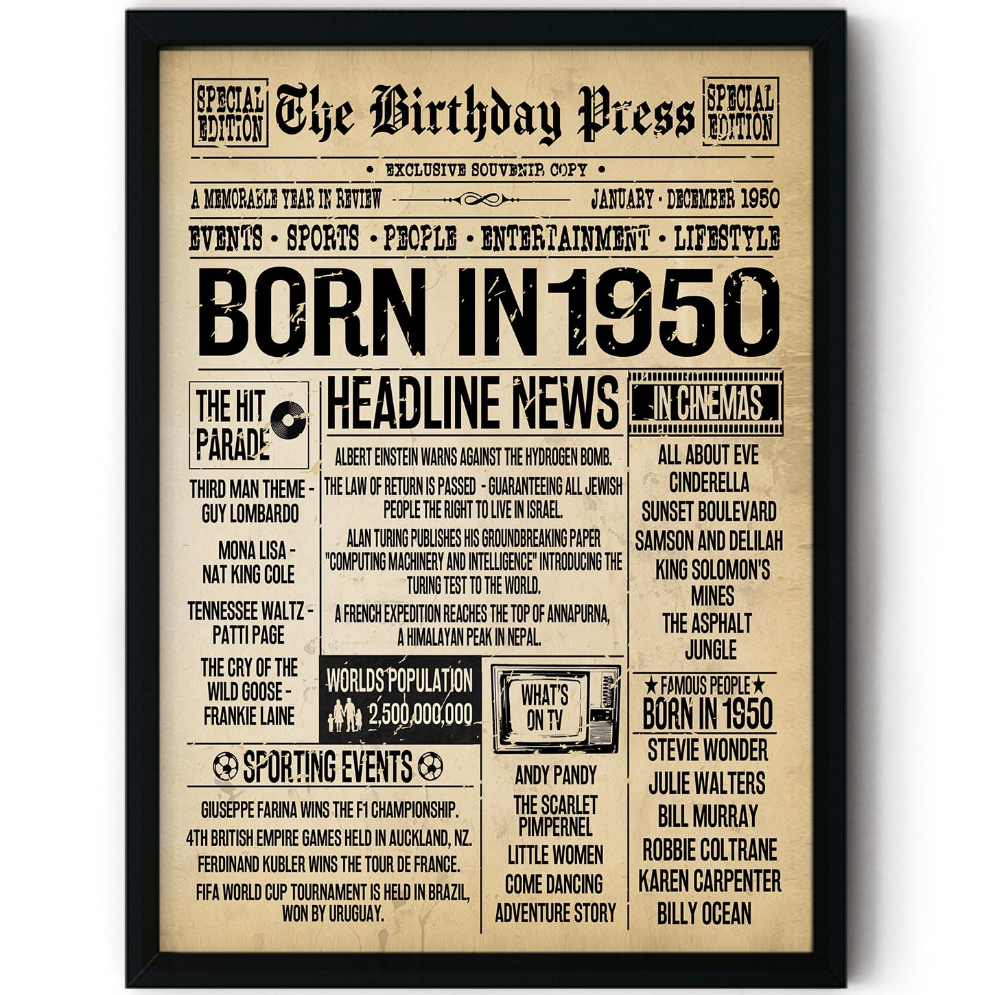 Stuff4 76th Birthday Poster Framed, Born In 1950 Vintage Newspaper