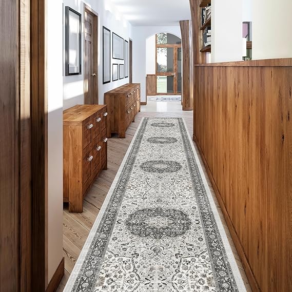 Hallway Washable Runner Rug - 2'6x12 Kitchen Rugs Entryway Rug Runner Vintage Soft Floor Mat Non Slip Indoor Farmhouse Carpet for Bathroom Living Room Bedroom (2'6''x12', Grey)