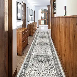 Hallway Washable Runner Rug - 2'6x12 Kitchen Rugs Entryway Rug Runner Vintage Soft Floor Mat Non Slip Indoor Farmhouse Carpet for Bathroom Living Room Bedroom (2'6''x12', Grey)