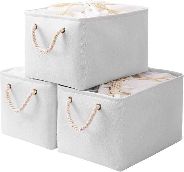 Yawinhe Foldable Storage Baskets 3 Pack, with Drawstring Cover and 2 Handles, Fabric Collapsible Storage Bins, for Toys, Shelves, Clothes, Books, 37x26x20cm, White, SNK003WS