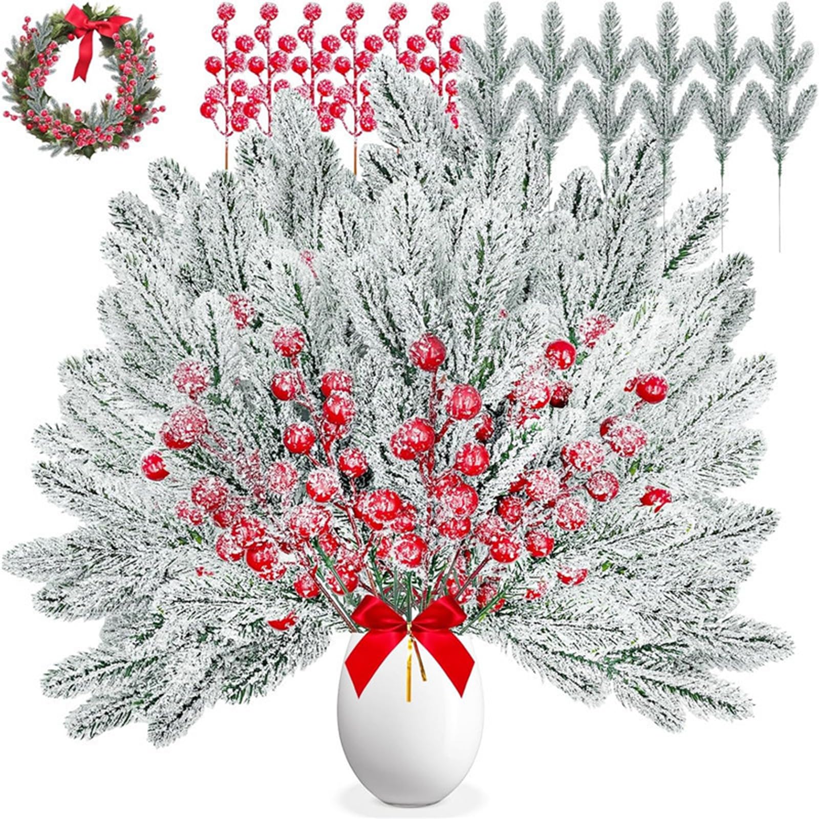 80 Stück Künstliches Tannengrün,Künstliche Tannenzweige Schneebedeckte Beeren,Weihnachtszweige für DIY Kranz,Girlande, Adventskranz,Weihnachtsbaum,Tischdeko,Handwerk Deko