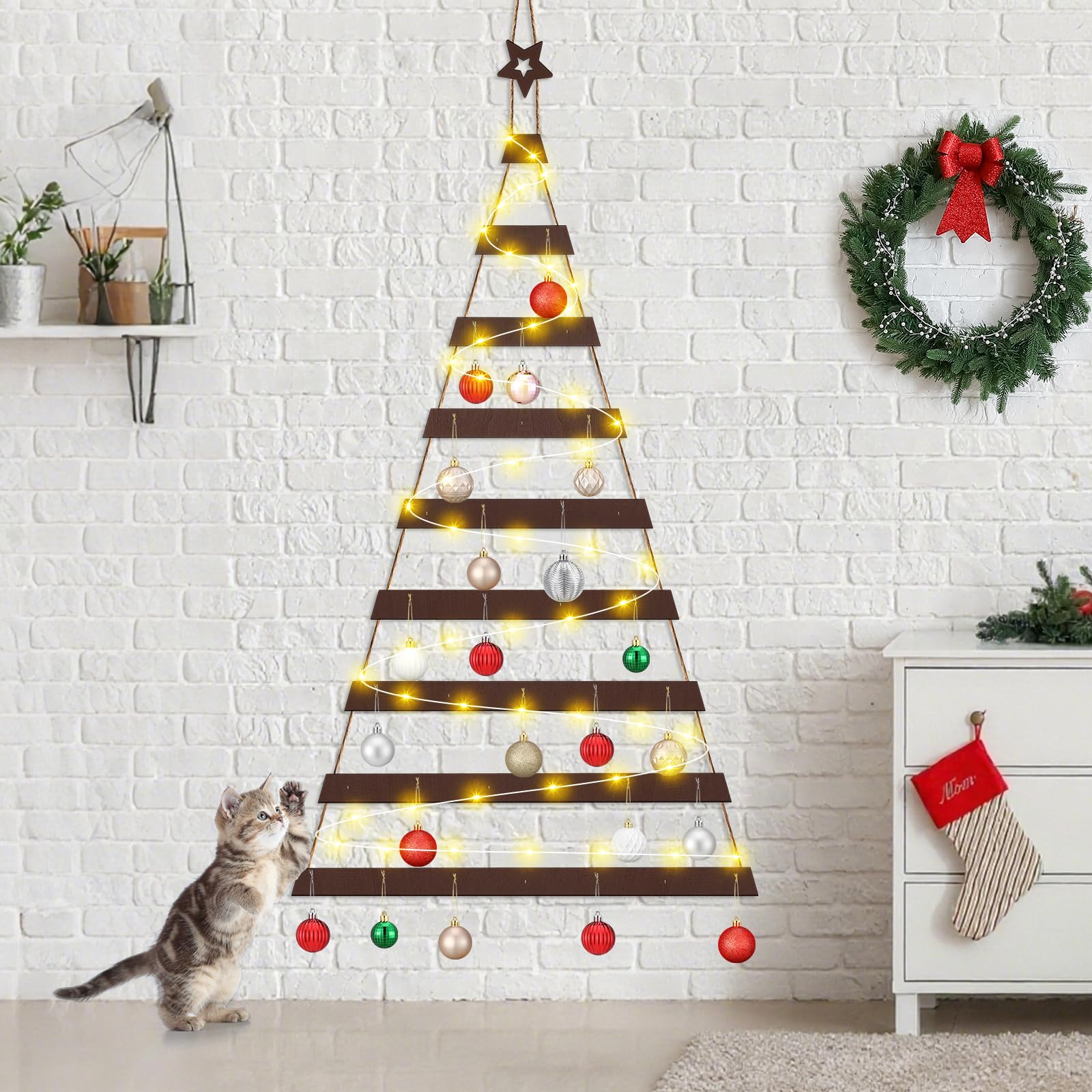 Vercraft Sapin de Noël Mural résistant aux Chats avec lumière à Suspendre - Sapin de Noël en Bois à Suspendre avec Crochets - Décoration de Noël Plate pour la Maison ou Le Bureau