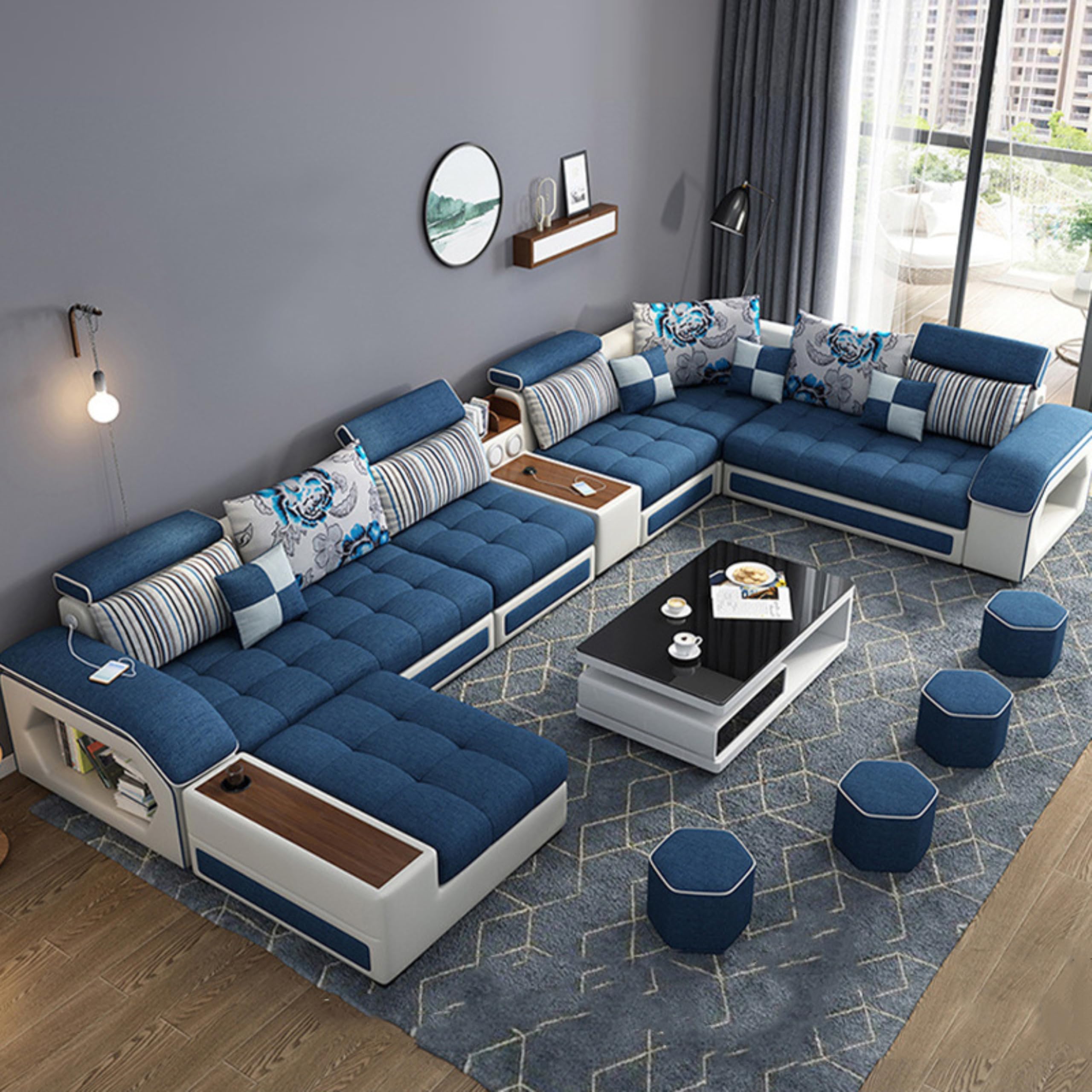 Furnista Modern Luxury 7 Seater Modular Fabric Sofa Furniture Set Multifunctional Living Room Home Corner Couch U Shaped Sectional Sofa (Blue)