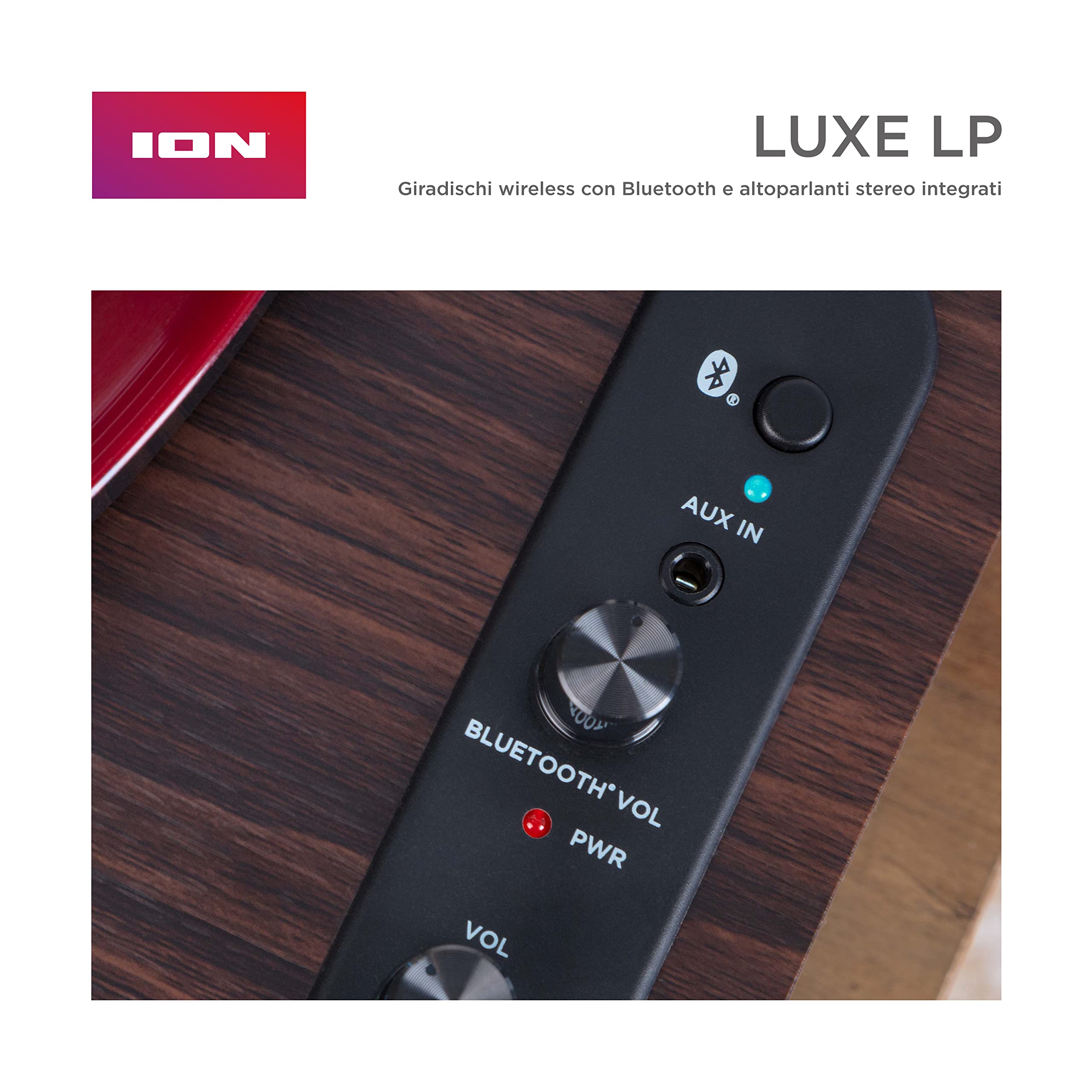 ION Audio Luxe LP - Giradischi Vinili Bluetooth con Casse, Conversione USB, Piatto Full Size, Funzione Auto-Stop, Uscita Cuffie e 3 Velocità, Marrone | Conversione USB, piatto di dimensioni intere, arresto automatico, uscita cuffie, 3 velocità
