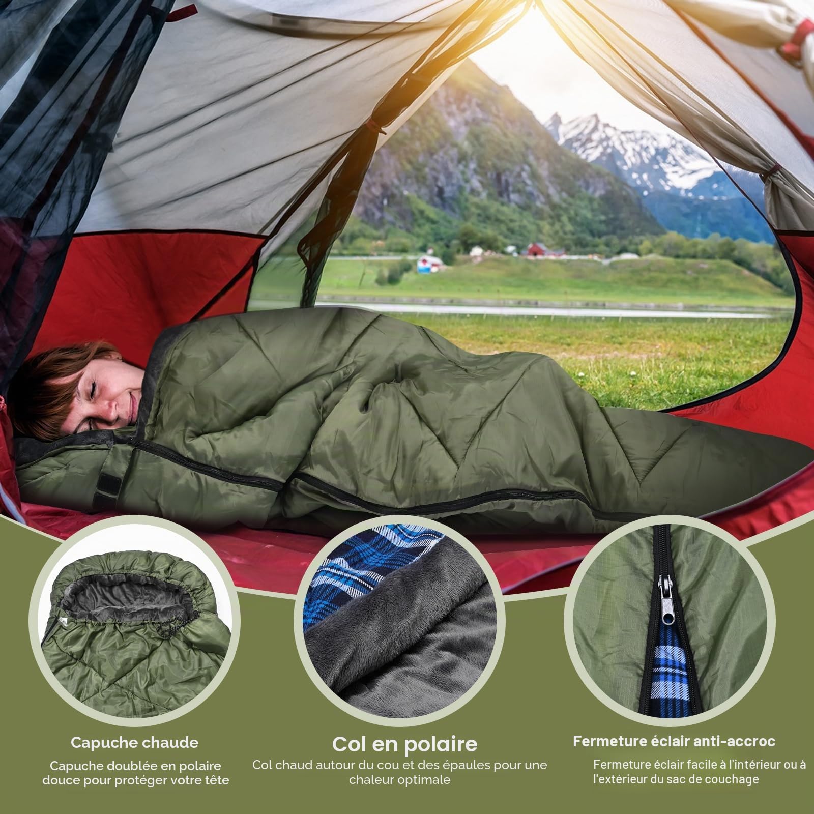 Sac de couchage en flanelle de coton avec capuche doublée en polaire, sac de couchage imperméable XL pour adultes, sac de couchage par temps froid, pour camping, randonnée ou randonnée, 3 à 4