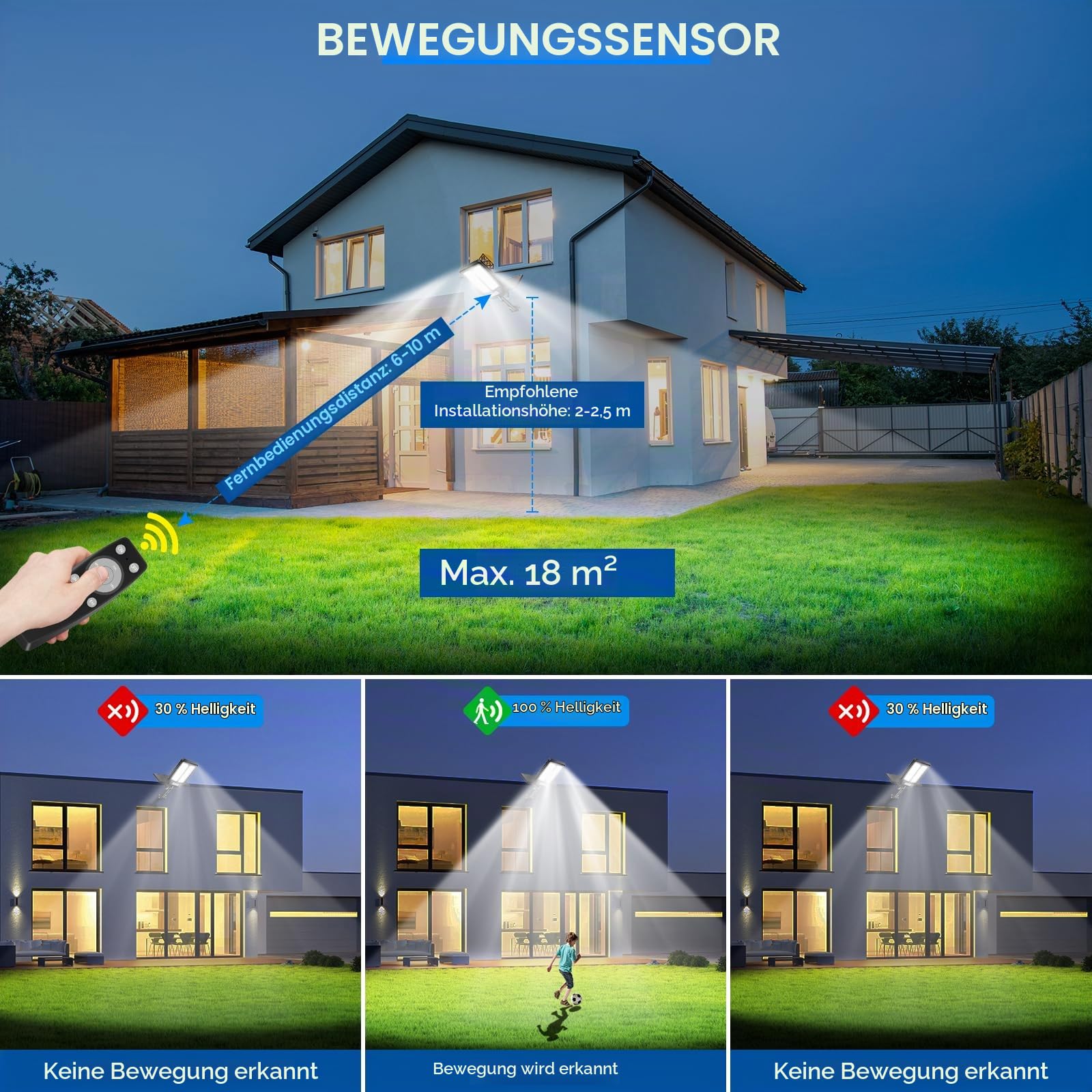 Adewalk 1200W*2 Stk. Solar Straßenlaterne mit Fernbedienung, IP66 Wasserdichte Solarlampen für Außen mit Bewegungssensor, 6500K Split Solarleuchten LED Solar Strahler Außen für Gärten Garage Straßen