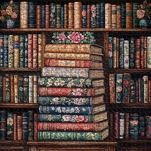 Miniatura 2 de Rompecabezas vintage para adultos de 1000 piezas, rompecabezas de flores de libro, biblioteca de estantería, arte estético retro, difícil desafiante