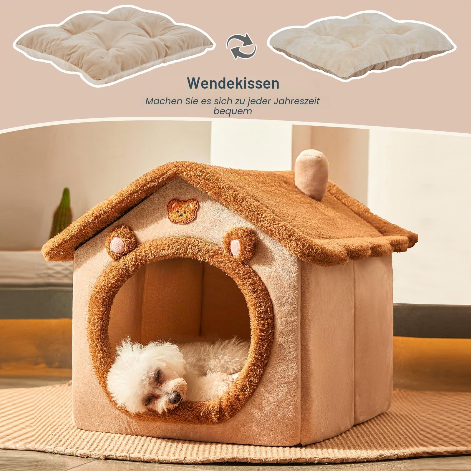 Jiupety Hundehöhle Kleine Hunde mit süßen Bärenohren, Hundehütte Indoor für Kleine Hunde, Hundehaus für Drinnen, Größe L Hundebett mit Dach, Brown Bear
