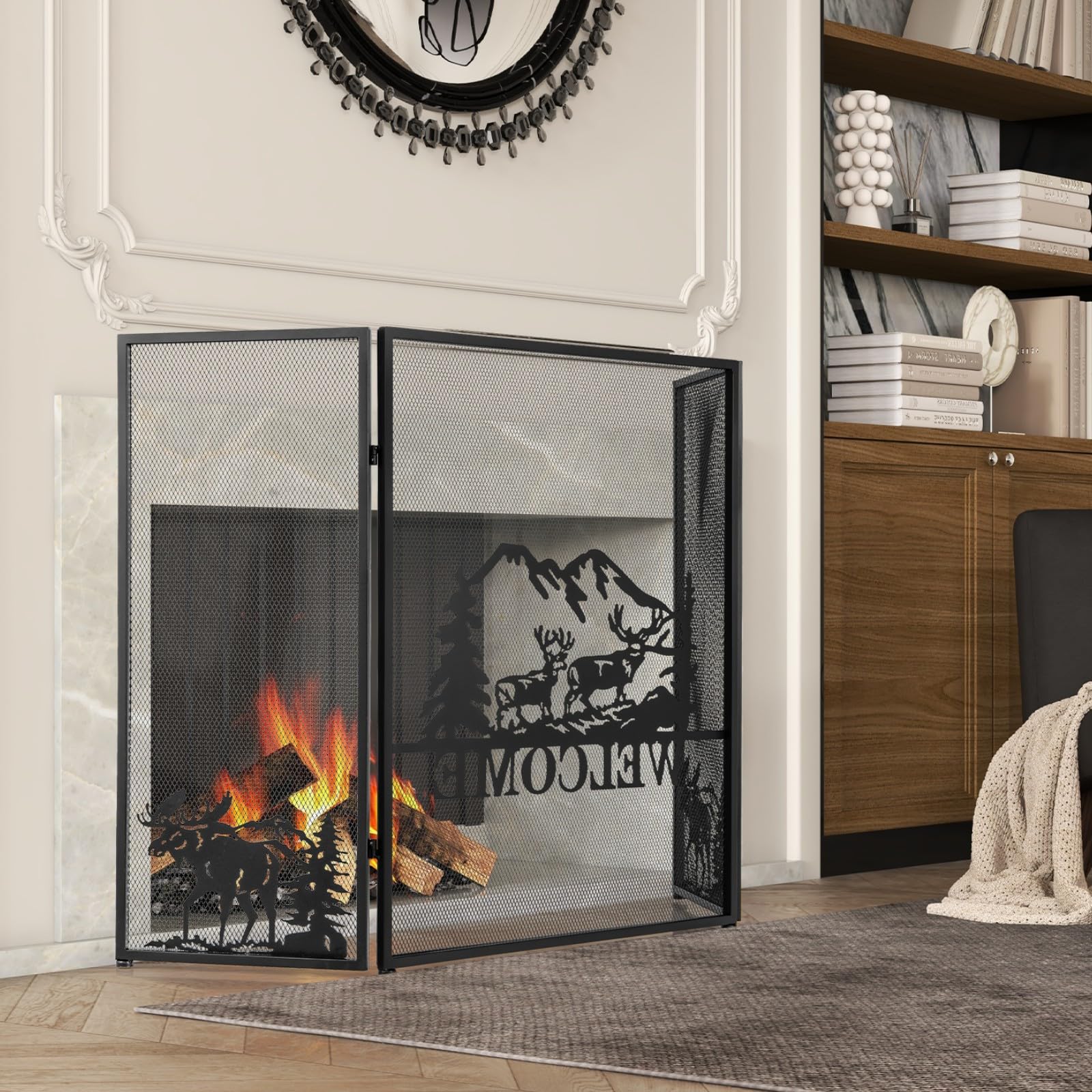 LIFEZEAL Griglia di protezione antincendio pieghevole in metallo, 3 pezzi, 132 x 79 cm, copertura parascintille per camino aperto, pannelli in ferro battuto, colore nero