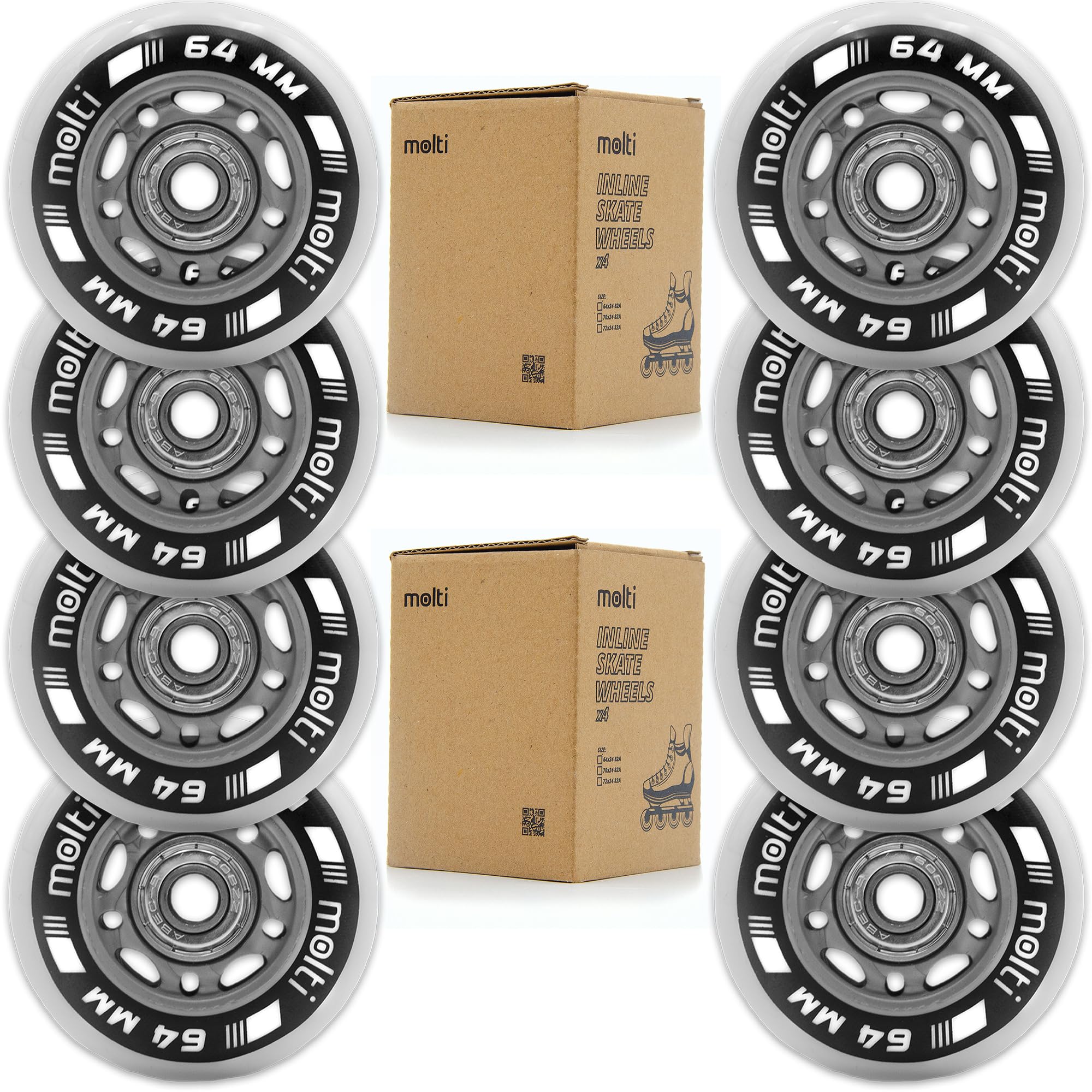molti Räder mit Kugellager MOLTI ABEC9 8er- Pack Indoor-/Outdoor-Rollschuh Räder Inlin-Skates Freizeitspaß (weiß, 64 mm)