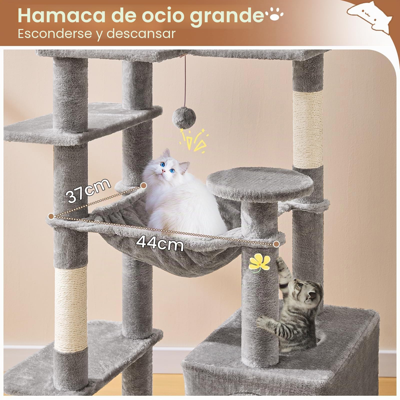 MSmask Árbol de gatos grande, L Árbol para gatos estable, árbol de rascar para gatos con 2 plataformas, 2 cuevas para gatos, hamaca, columnas de sisal, árbol de escalada de varios pisos para gatos