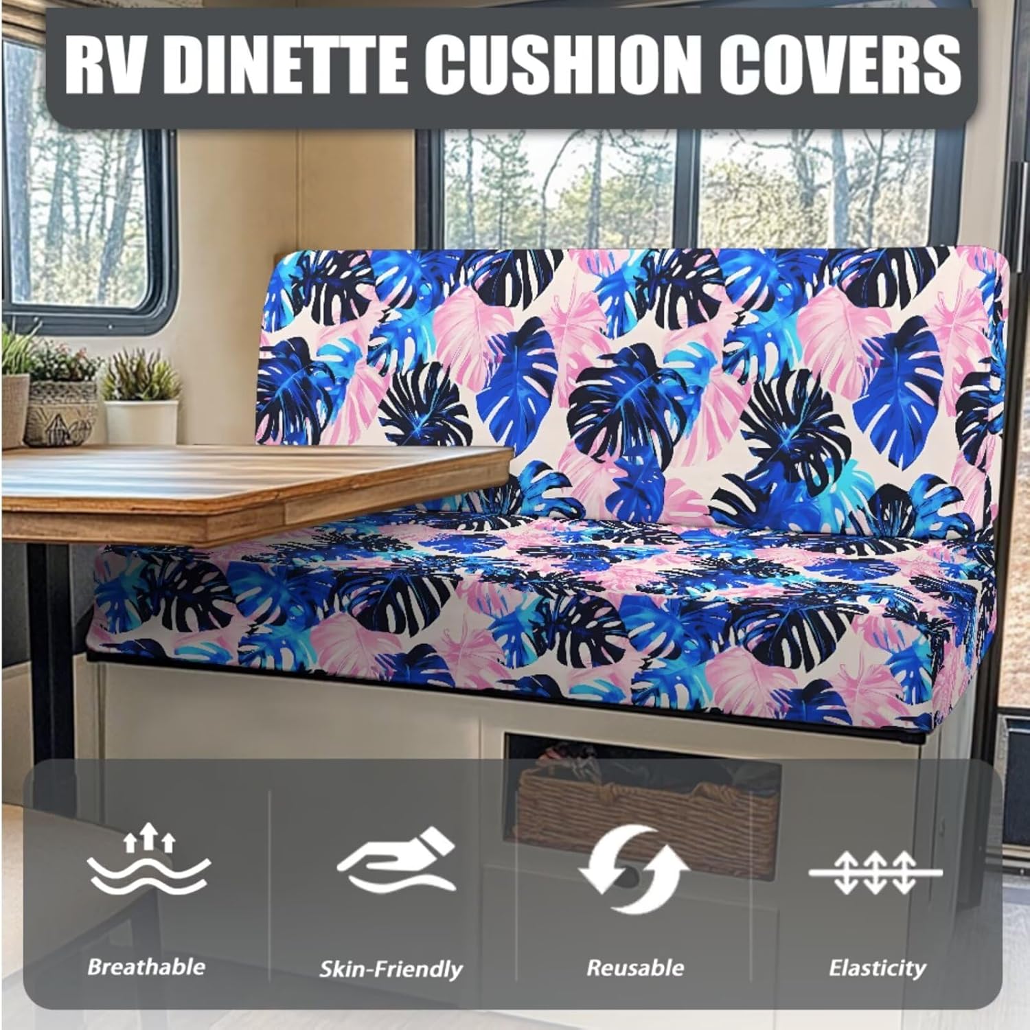 Monstera RV Dinette Cushion Covers Booth Set Elastic Camper Cushion Covers Replacement Slipcovers Washable (2 Backrest Cover & 2 Bench Cover)