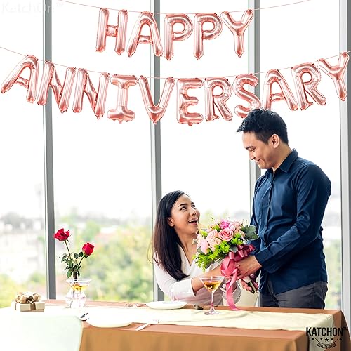 Miniatura 2 de KatchOn, Letras de globos de feliz aniversario de oro rosa, 16 pulgadas, pancarta de feliz aniversario para decoraciones de feliz aniversario, telón