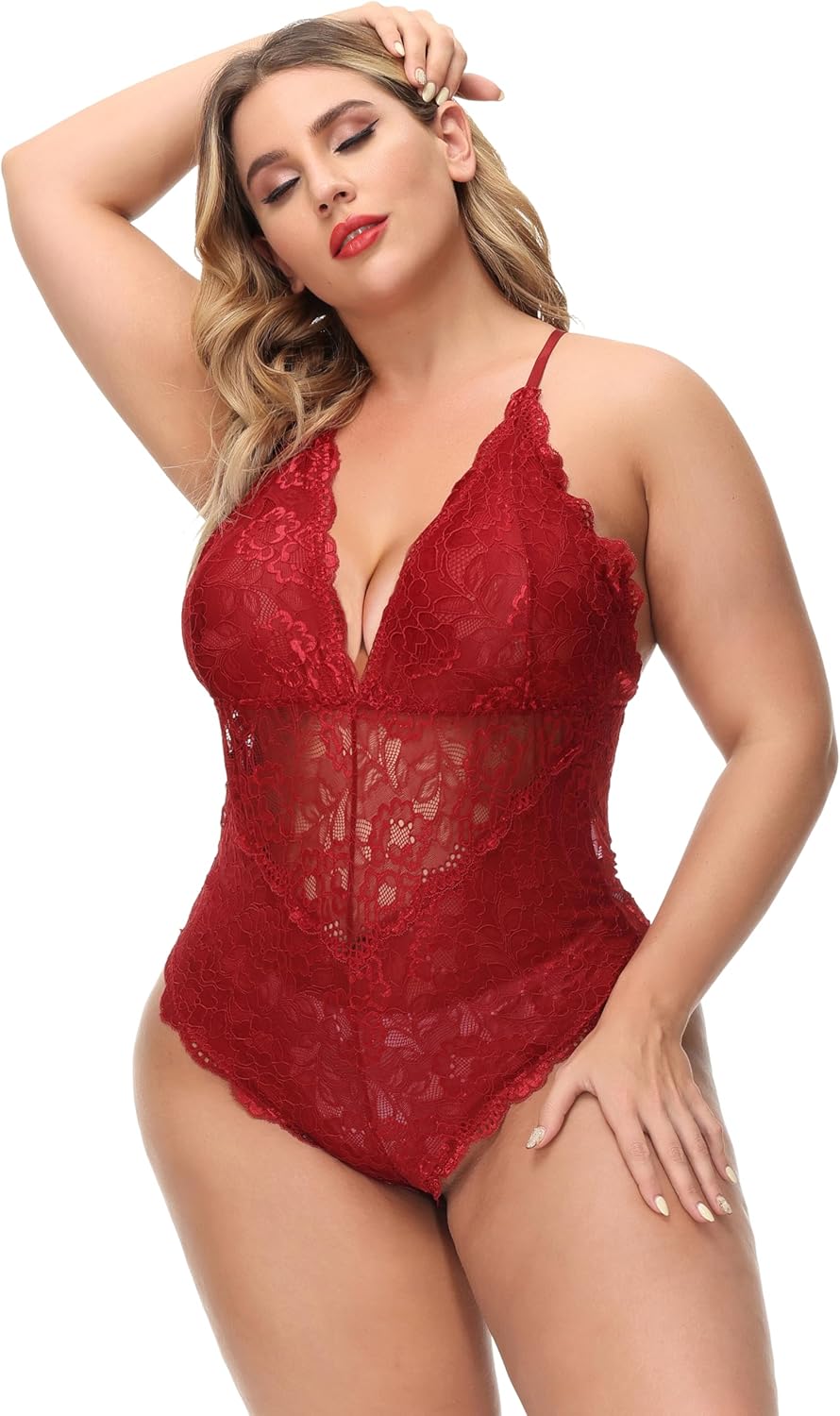 Aranmei Sexy Plus Size Teddy Lingerie,Snap Crotch Lace Bodysuit,Deep V One Piece Lingerie for Women 1X-4X - Image 4