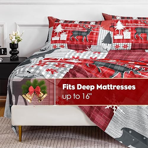 Miniatura 3 de HCORA Sábanas de Navidad tamaño King, diseño a cuadros, lujosas sábanas de microfibra cepillada de 90 GSM, sábanas transpirables para cama tamaño