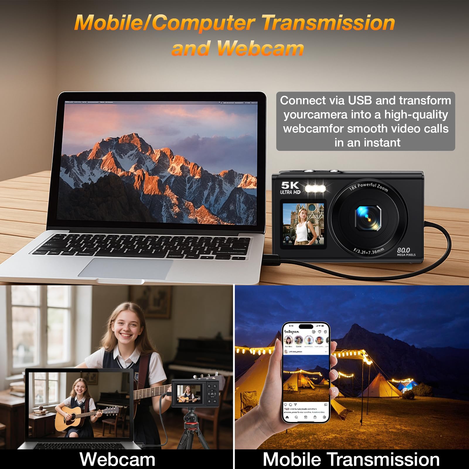 Fotocamera digitale a doppio schermo 5K per Vlogging, fotocamera WiFi da 80 MP con display frontale, zoom 18x, luce di riempimento, include scheda da 64 GB e 2 batterie