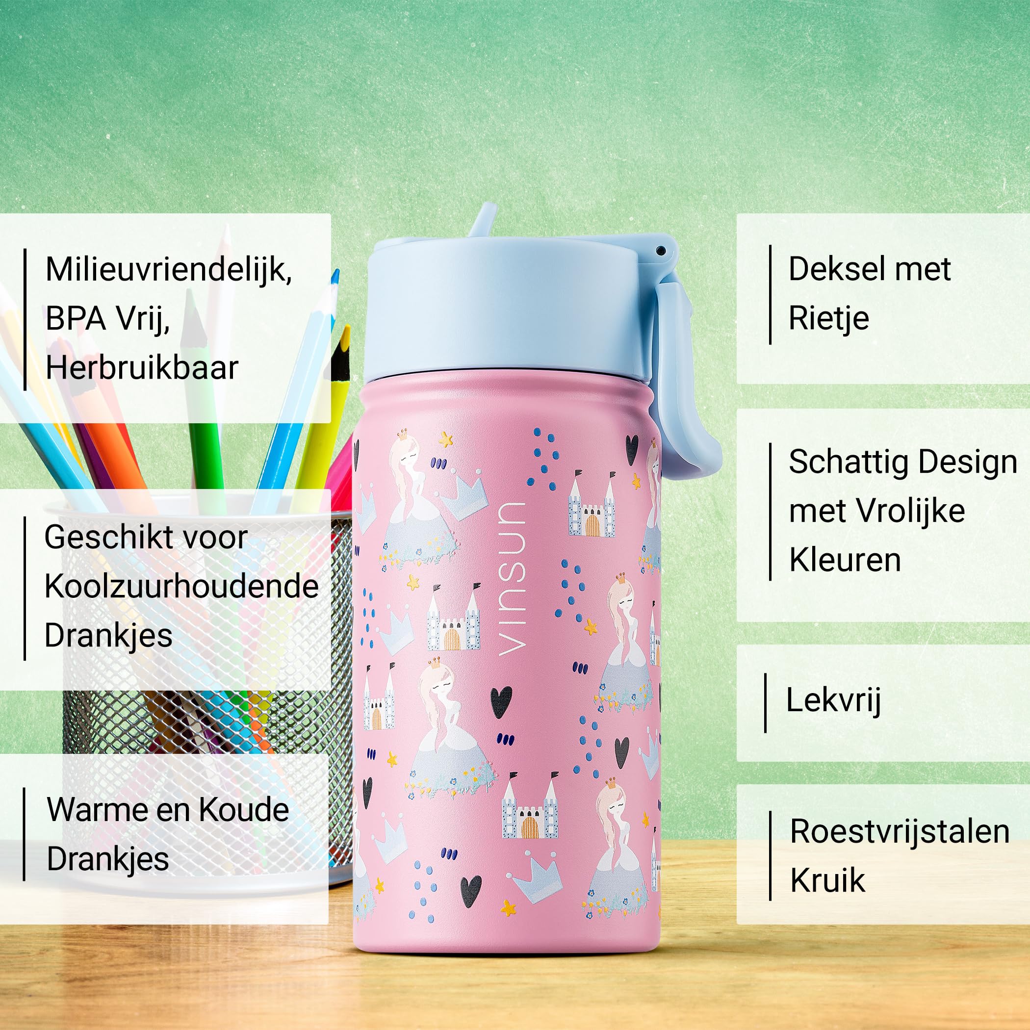 My Vesperbox - Thermo Minny - Lekvrije roestvrijstalen drinkfles - Met rietje of zeefje - 400 ml, 600 ml - Stevige roestvrijstalen drinkfles voor kinderen en volwassenen - BPA-vrij