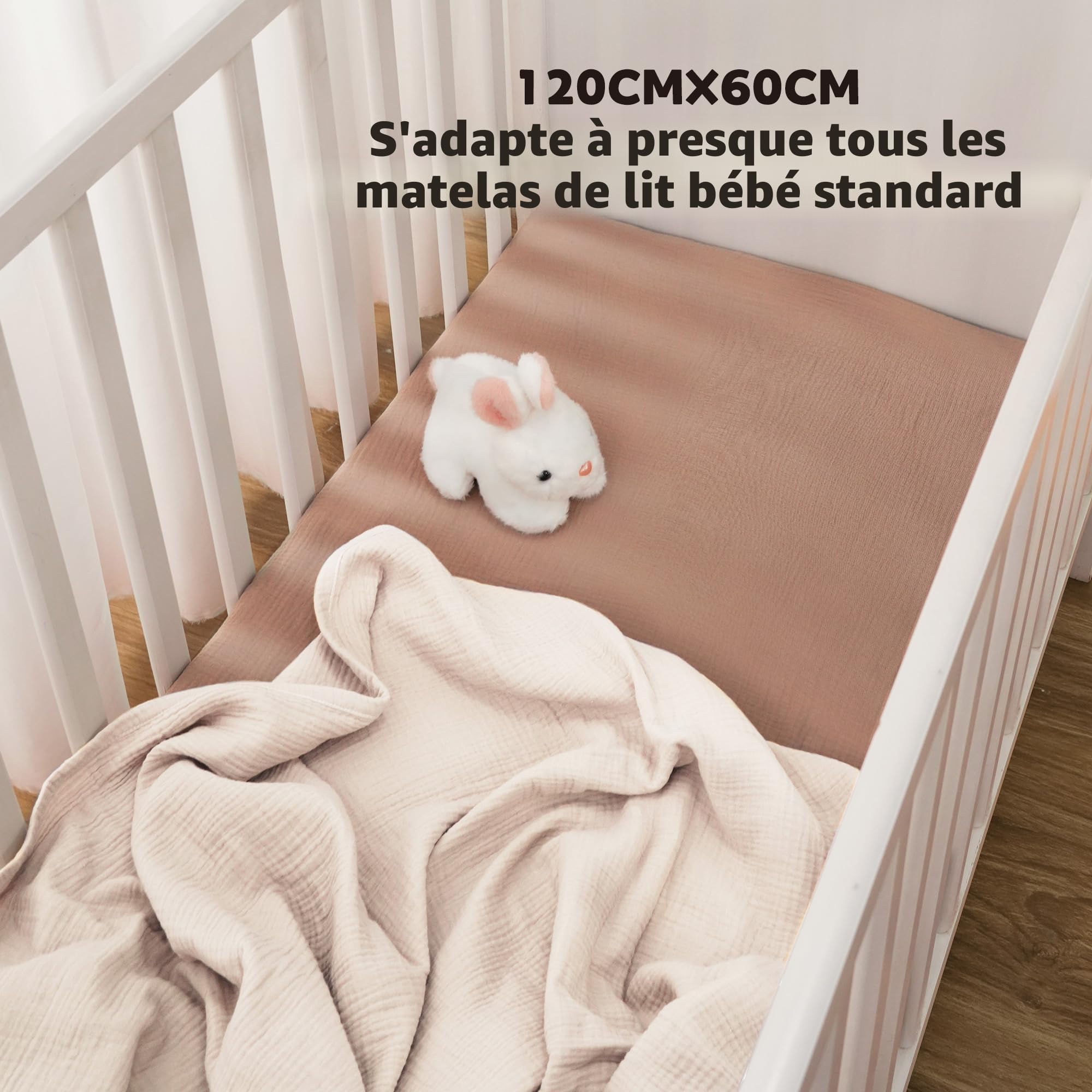 Susurration Lot de 2 Draps Housses pour Enfants 100% Coton Mousseline Draps de lit pour Bébé Drap Housse pour Lit de Voyage Draps D'appoint 60x120cm (Beige Marron)