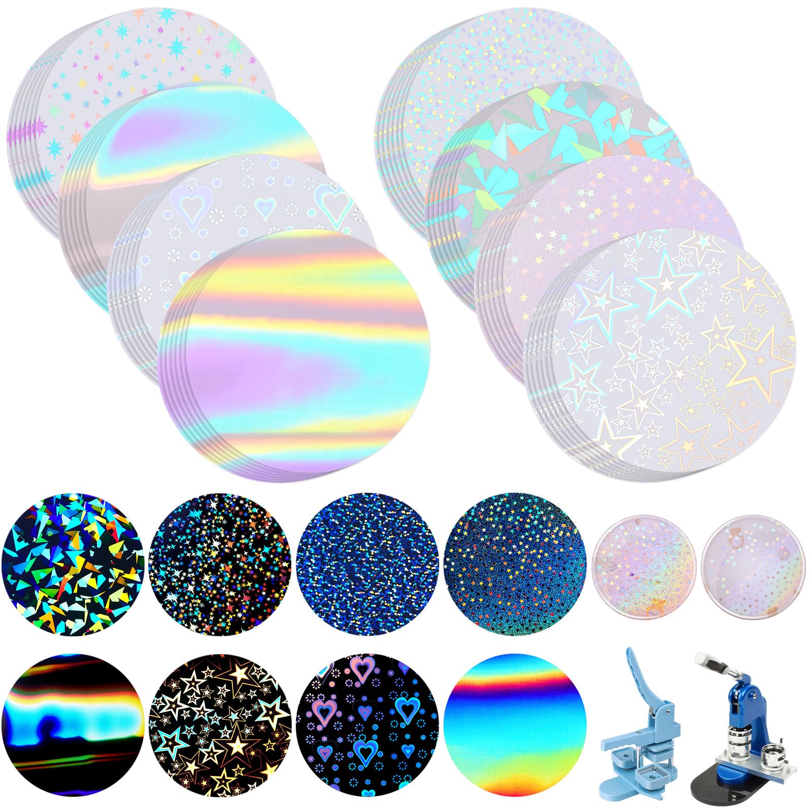 Humyoun 200 Pcs Badge Protective Film 49mm (1.93 in), 8 Styles of Holographic Glitter, Badge Film for 1.43 Inch 37mm Button Maker Machine, 37mm Button Making Supplies