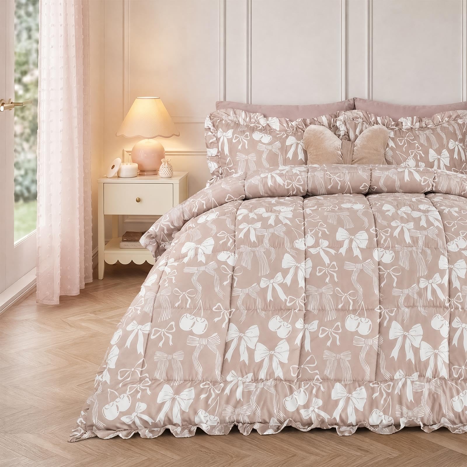 OHS Coverless Duvet Double 7.5 Tog, Bow Gifts for Women Reversible Frill Edge Bow Bedding Microfibre Coverless Duvet Summer Camping Blanket Washable Quilt Double Duvets with Pillowcases, Natural โ image 1