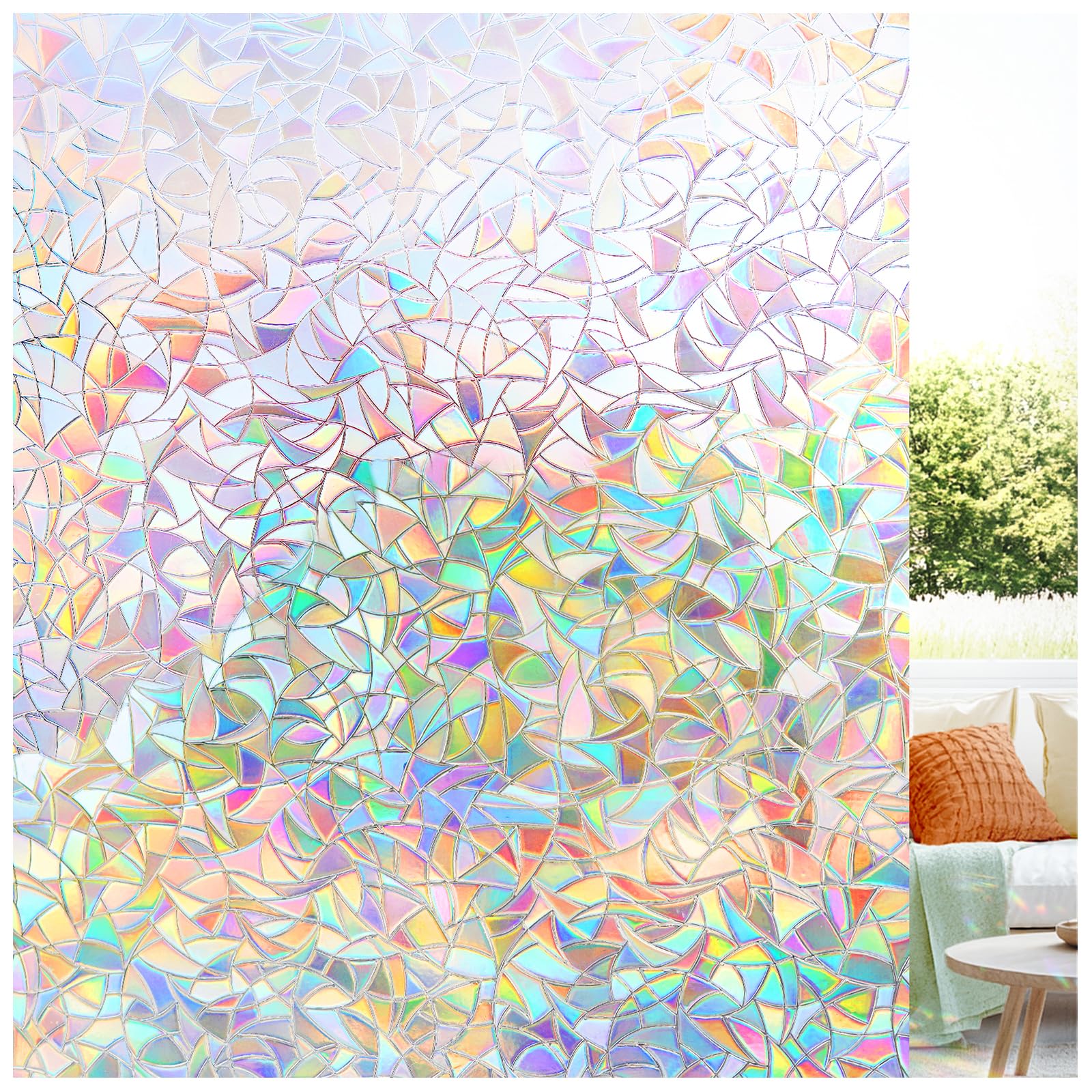 LUTE Window Privacy Film, Rainbow Window Film, 3D Decorative Stained Glass Cling, Non-Adhesive Vinyl Static Cling Removable Glass Stickers, Sun UV Blocking Decal Covering for Home, 17.5 x 78.7 inches