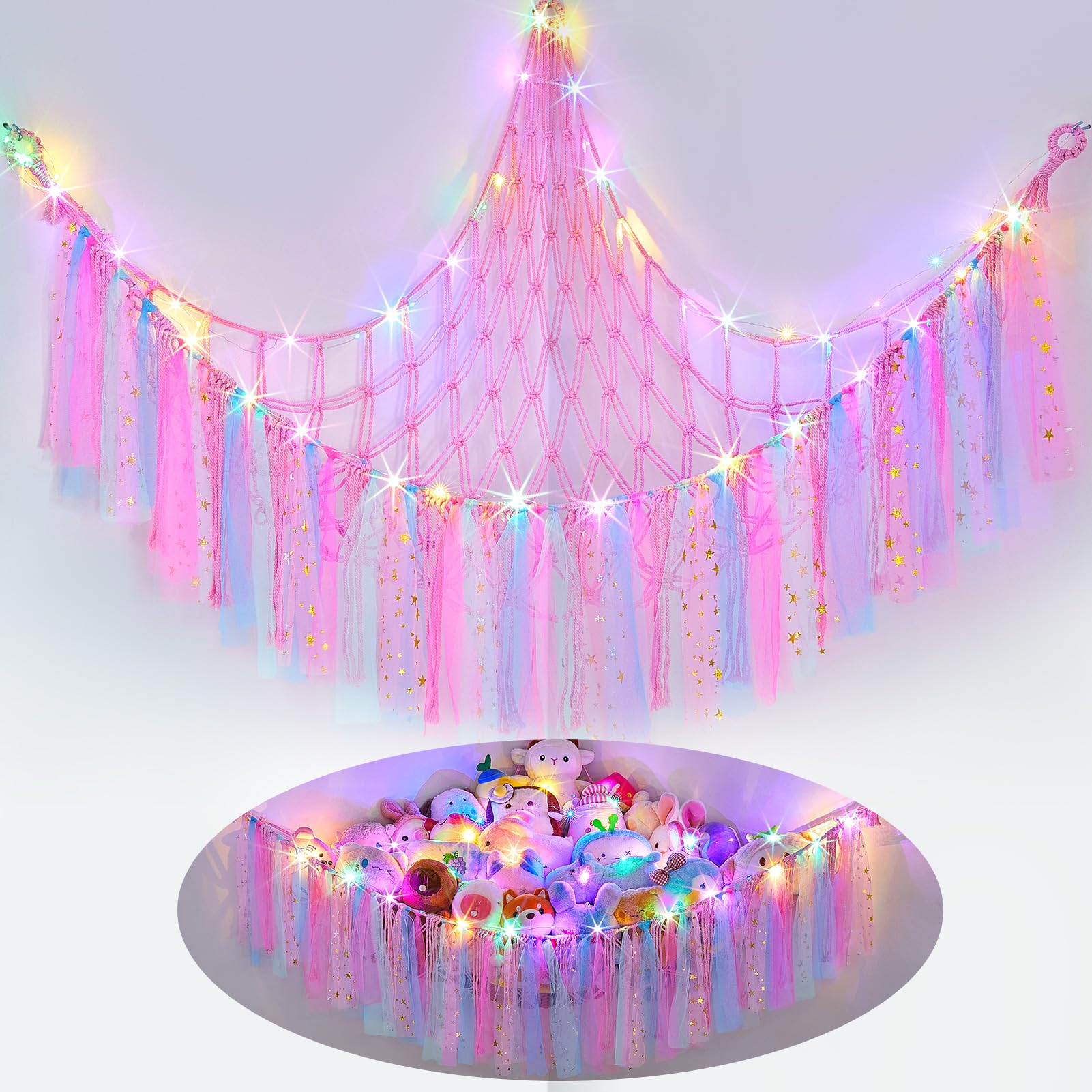 FIOBEE Stuffed Animals Net LED Light Toy Hammock for Kids Bedroom Storage