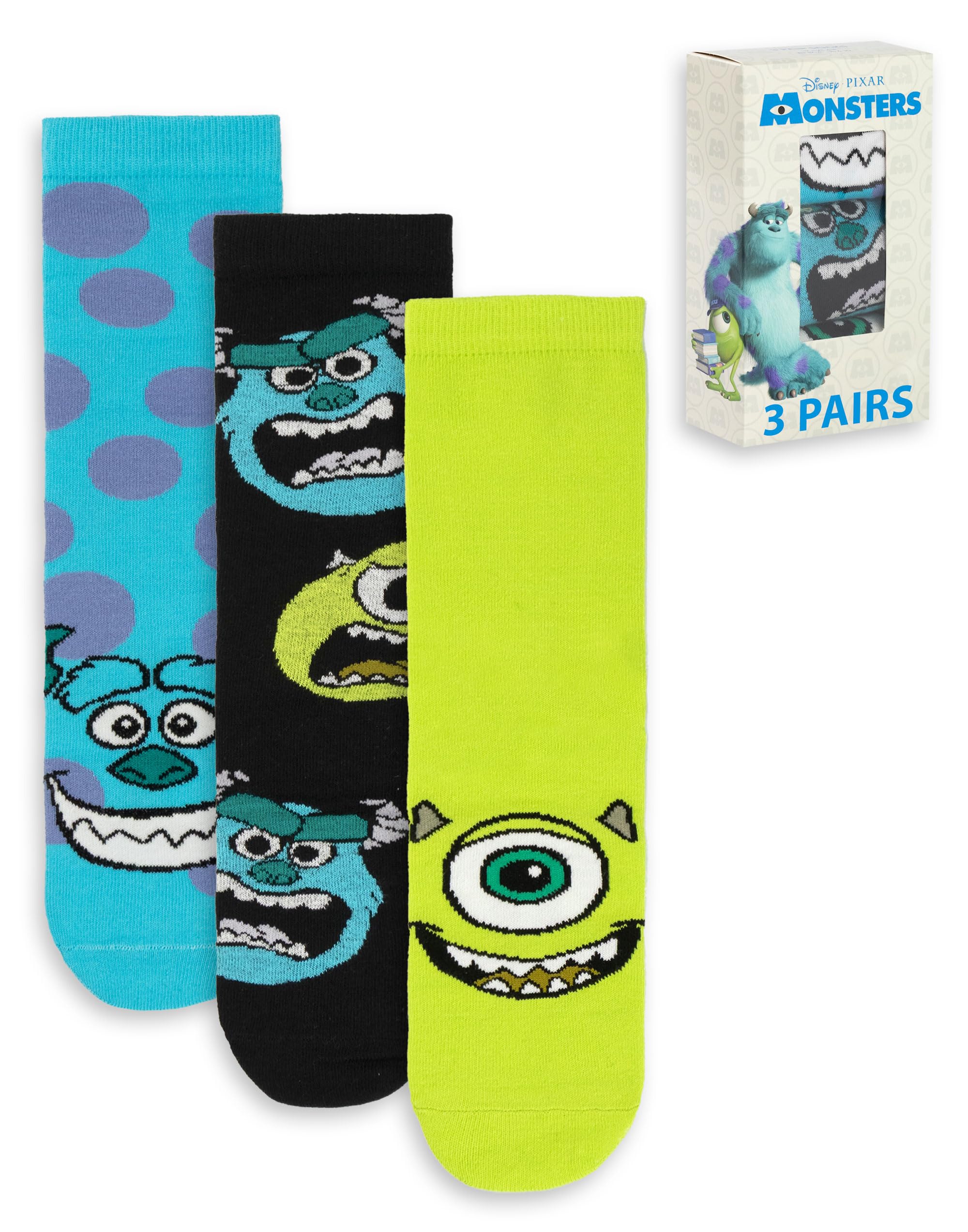 Disney Men's Multicoloured Monsters Inc Calf Socks Set Of 3 | Mike Wazowski & Sulley Graphic Polkadot Design | Everyday Wear In Blue, Black, Green Merch - 4-8 Uk