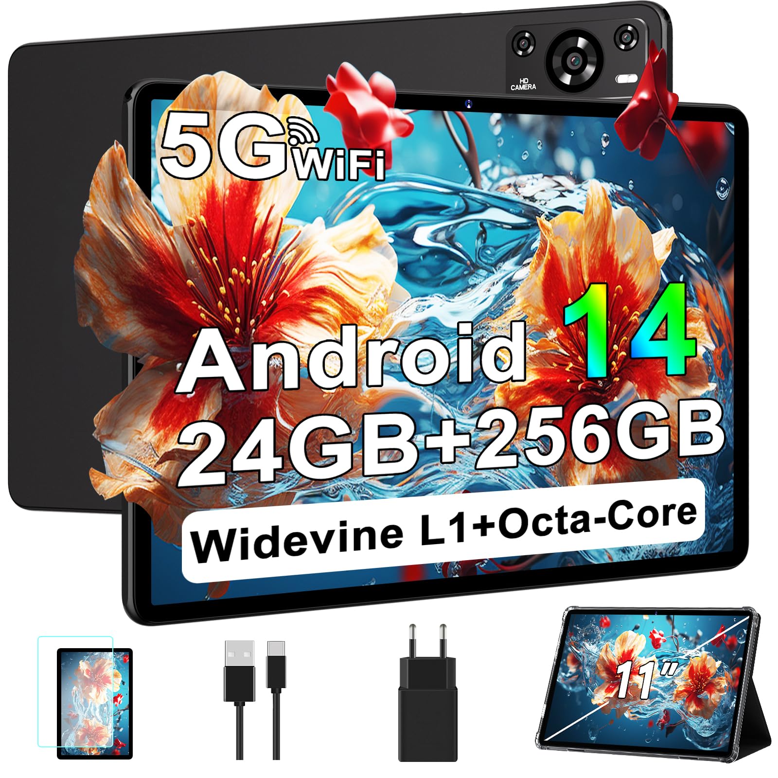 ZIOVO 2026 Neuest Tablet 11 Zoll Android mit 24GB RAM+256GB ROM/TF 2TB, Octa-Core 2.0GHz, GMS, 8000mAh, Widevine L1, 5MP+13MP, 5G WLAN, BT 5.0, Face ID, GPS, Tablet mit Case - Schwarz
