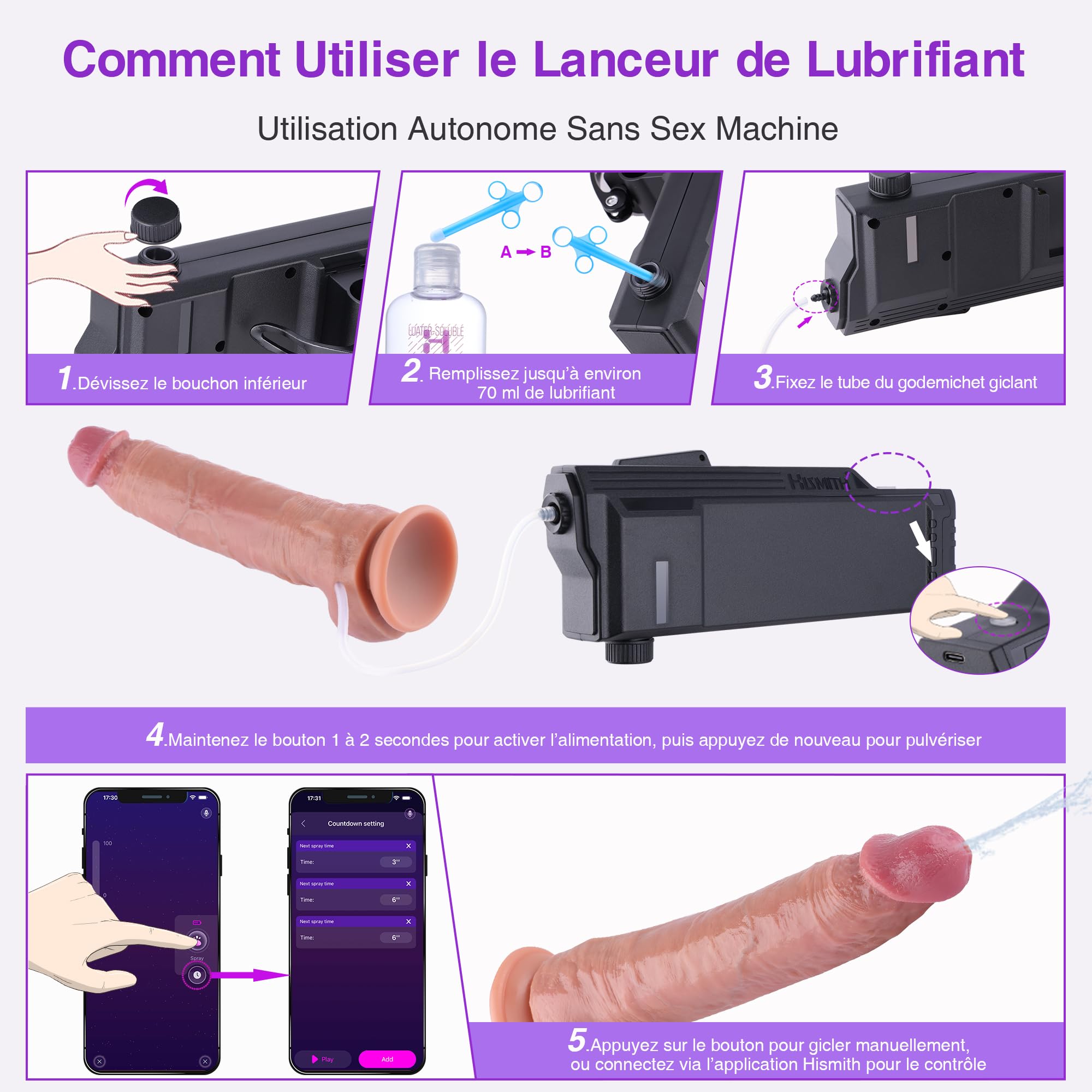 Hismith Godemichet Réaliste Giclant 26 cm avec Lanceur Automatique de Lubrifiant – Applicateur de Lubrifiant Compatible Sex Machines, Contrôle via Application, Godemichet en Silicone avec Ventouse