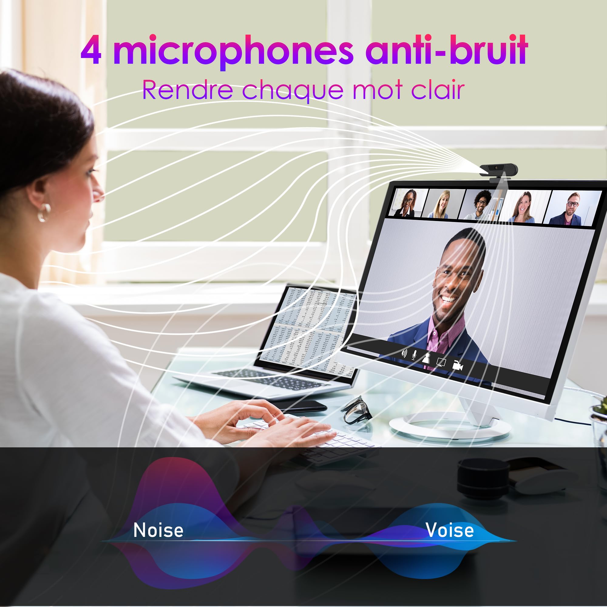 W8GS 4K Webcam avec Microphone, Autofocus, 85° Grand Angle, Protection de la Vie Privée, Plug and Play, Trépied, pour Mac, Windows, PC, Zoom, Skype, Appels Vidéo et Réunions