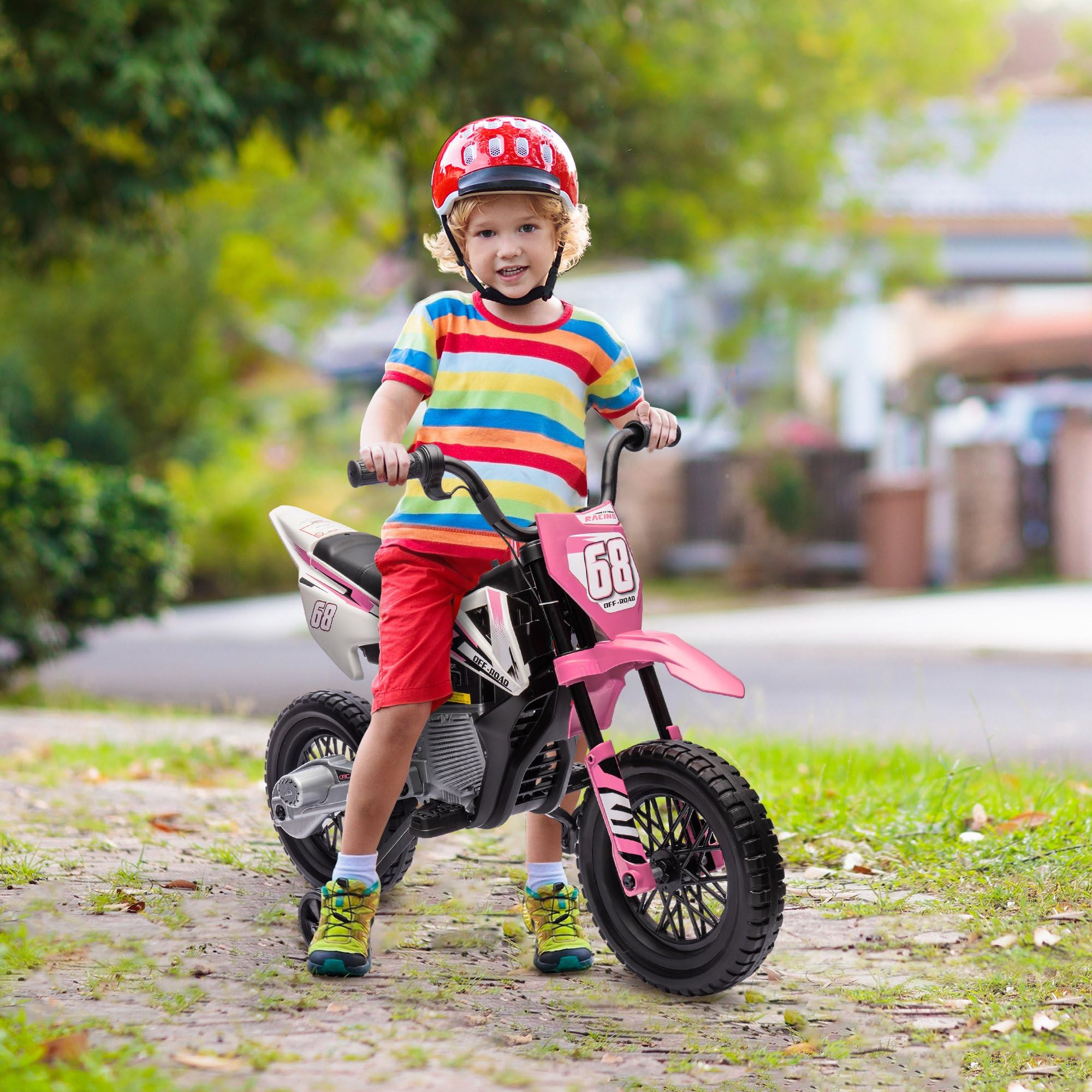 Qaba Kids Dirt Bike with Twist Grip Throttle, 12V Electric Motorcycle, Electric Bike for Toddler with Training Wheels, Rear Suspension & Music, Pink