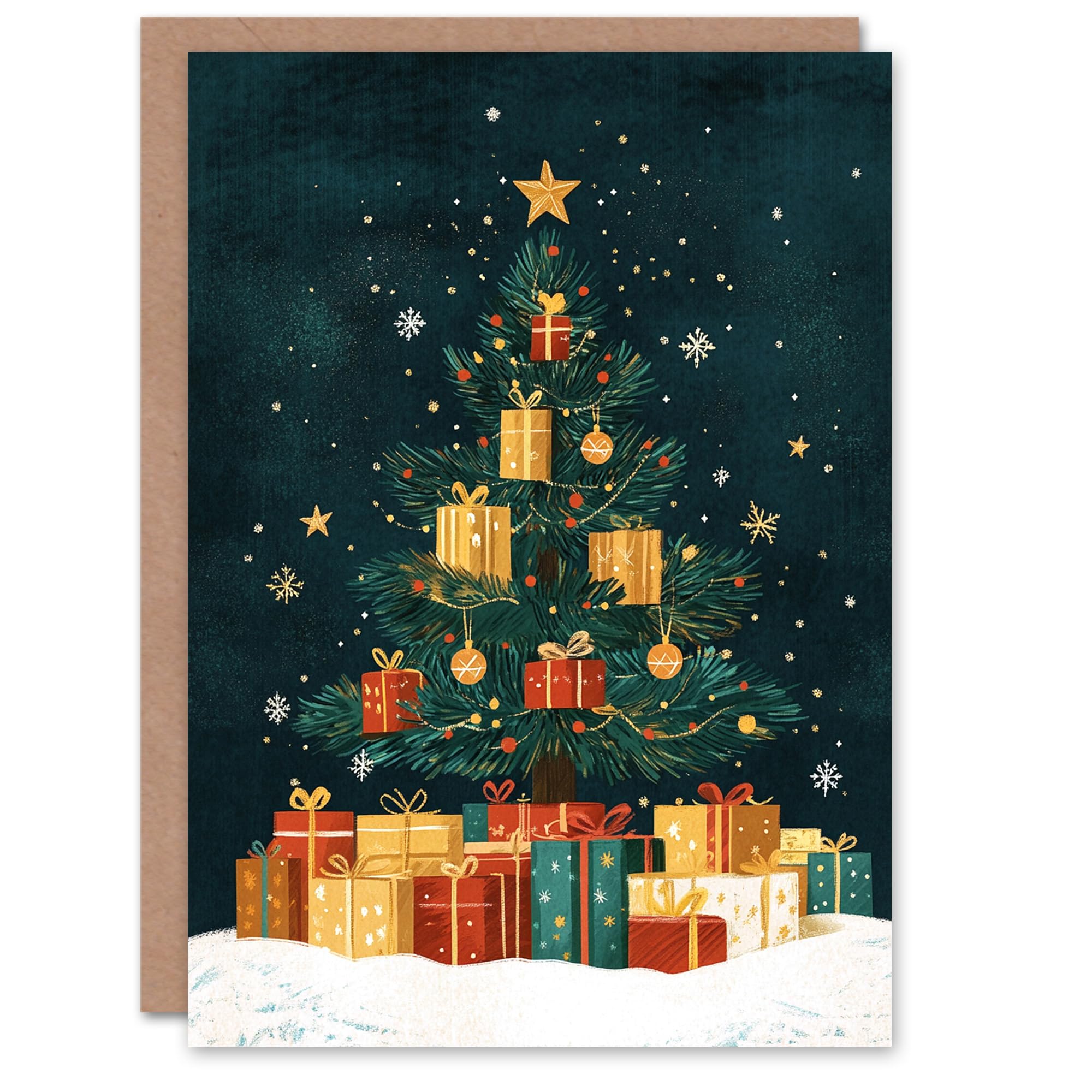 Artery8 Decorated Tree Present Baubles Folk Art Blank For Him Or Her Art Xmas Festive Christmas Card