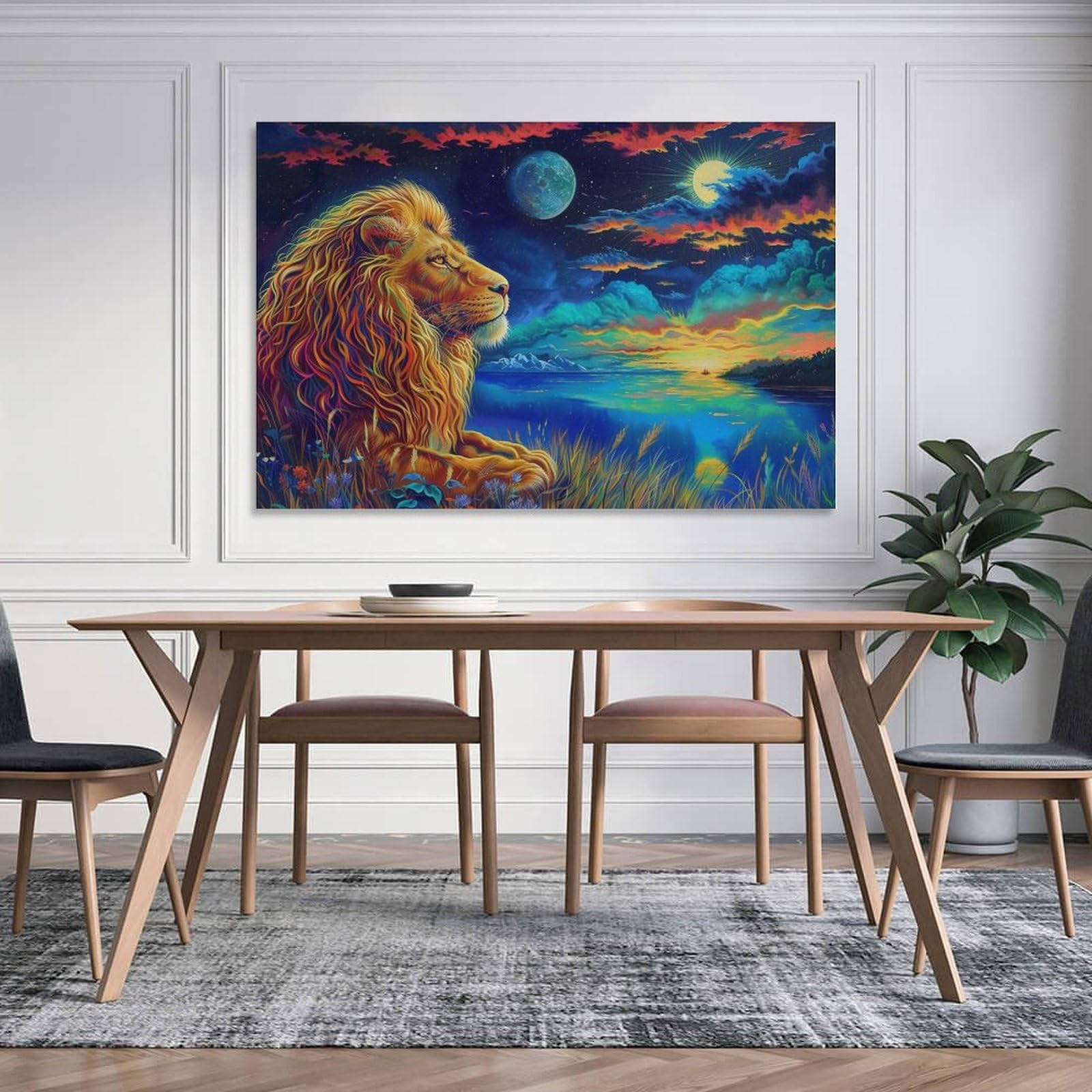 Amazon.co.jp: 絵画 月を見ているライオン アートパネル ポスター 動物 