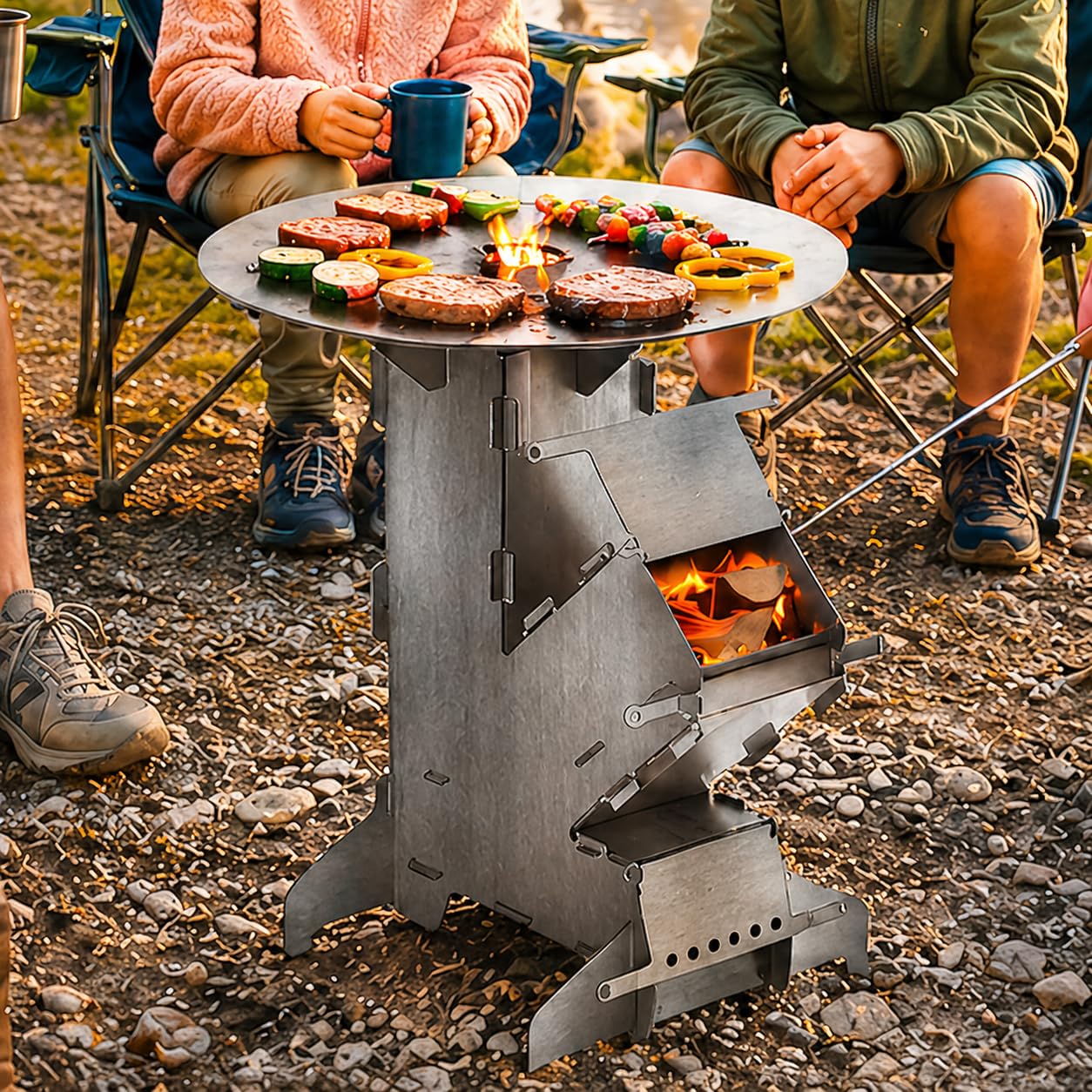 Raketenofen mit Grillplatte groß 5mm, Rocket Stove aus massivem 3 mm dickem Stahl, mit Feuerhaken, Kanonenofen Stecksystem mit 2 zusätzlichen Standfüßen，Holzofen Outdoor für Camping, BBQ, Dutch Oven